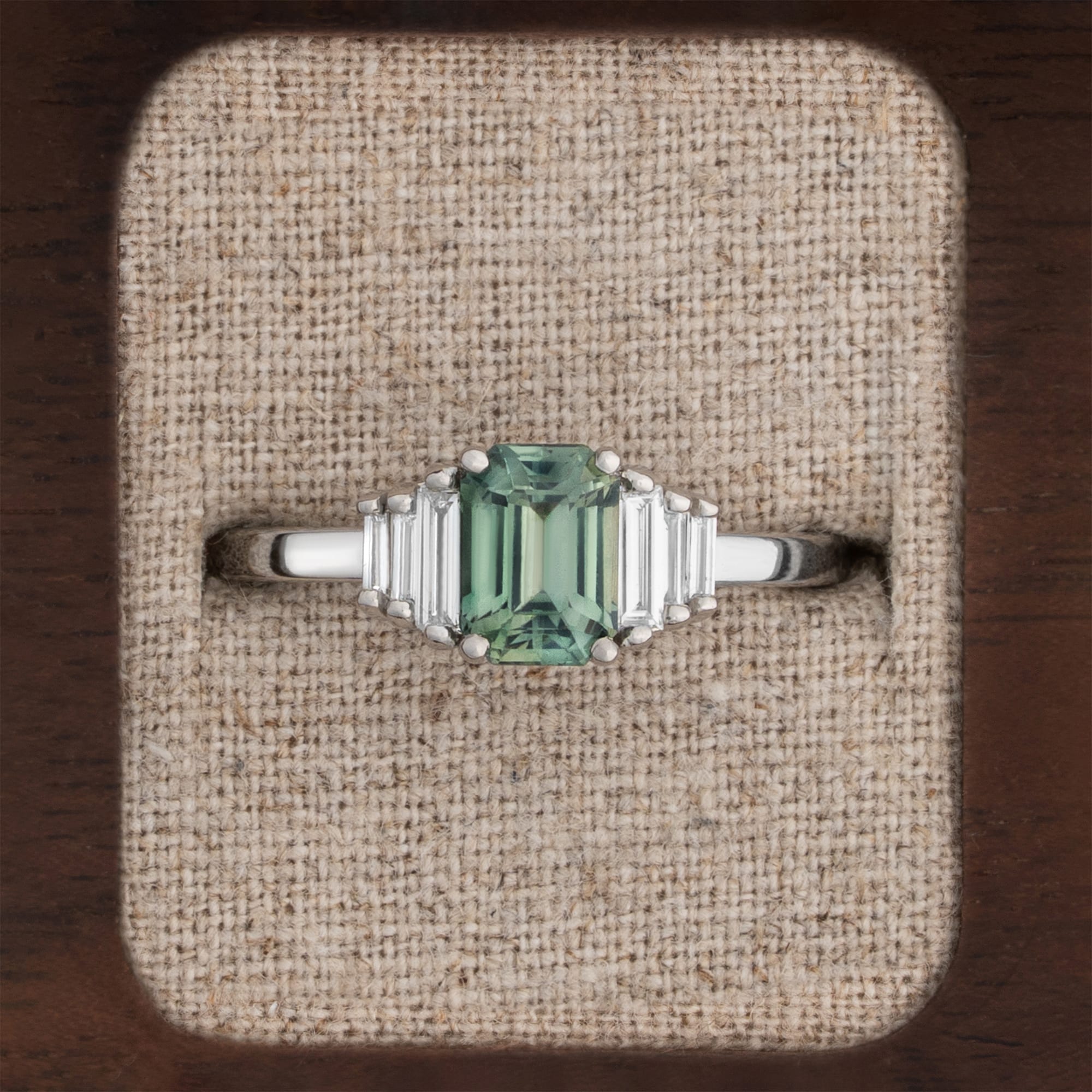 'Heloise' Art deco teal green sapphire engagement ring