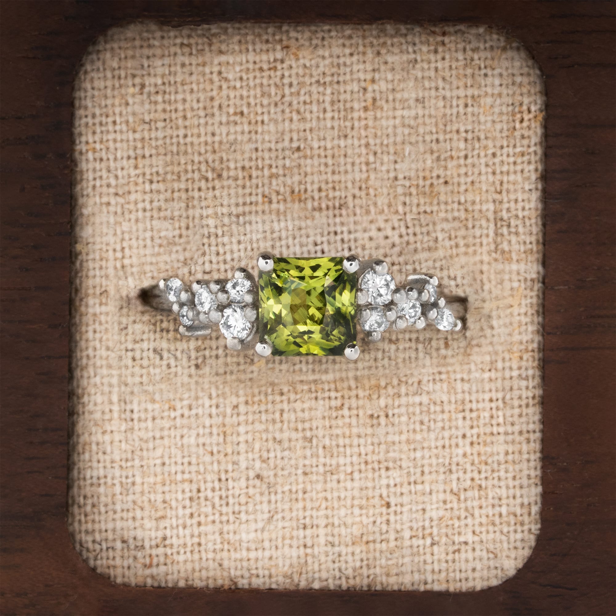 'Hazel' Chartreuse sapphire and diamond floral ring