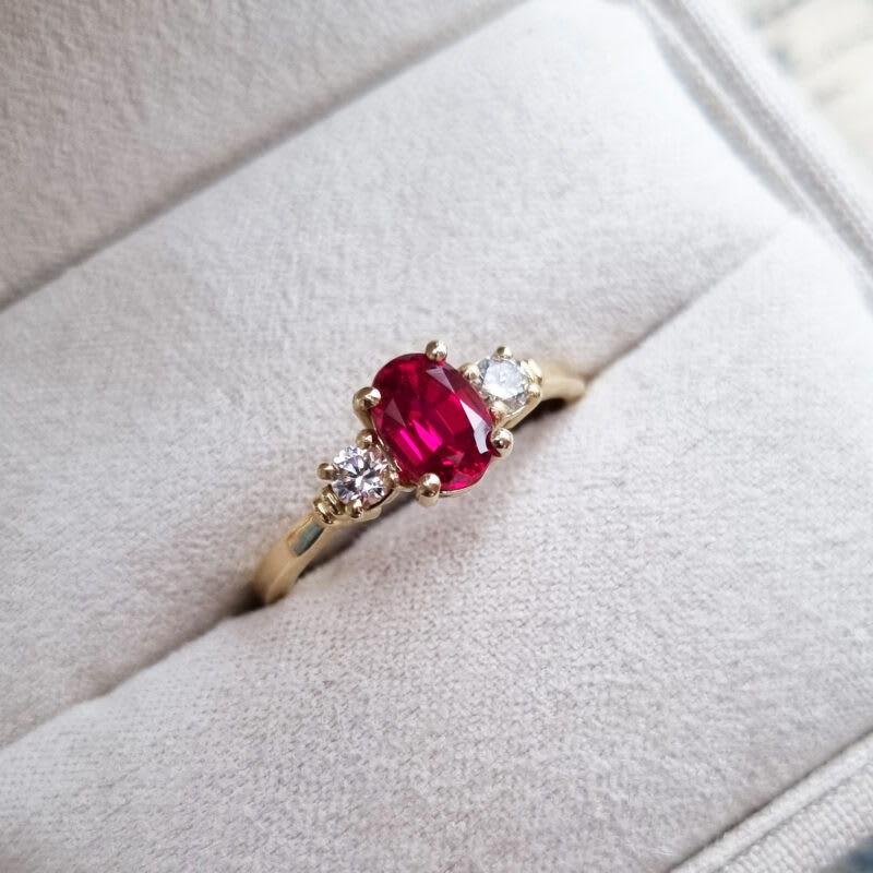 Lab grown ruby and diamond trilogy engagement ring — 4