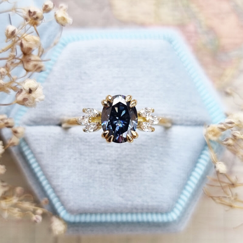 Midnight grey oval moissanite and diamond floral ring — 1