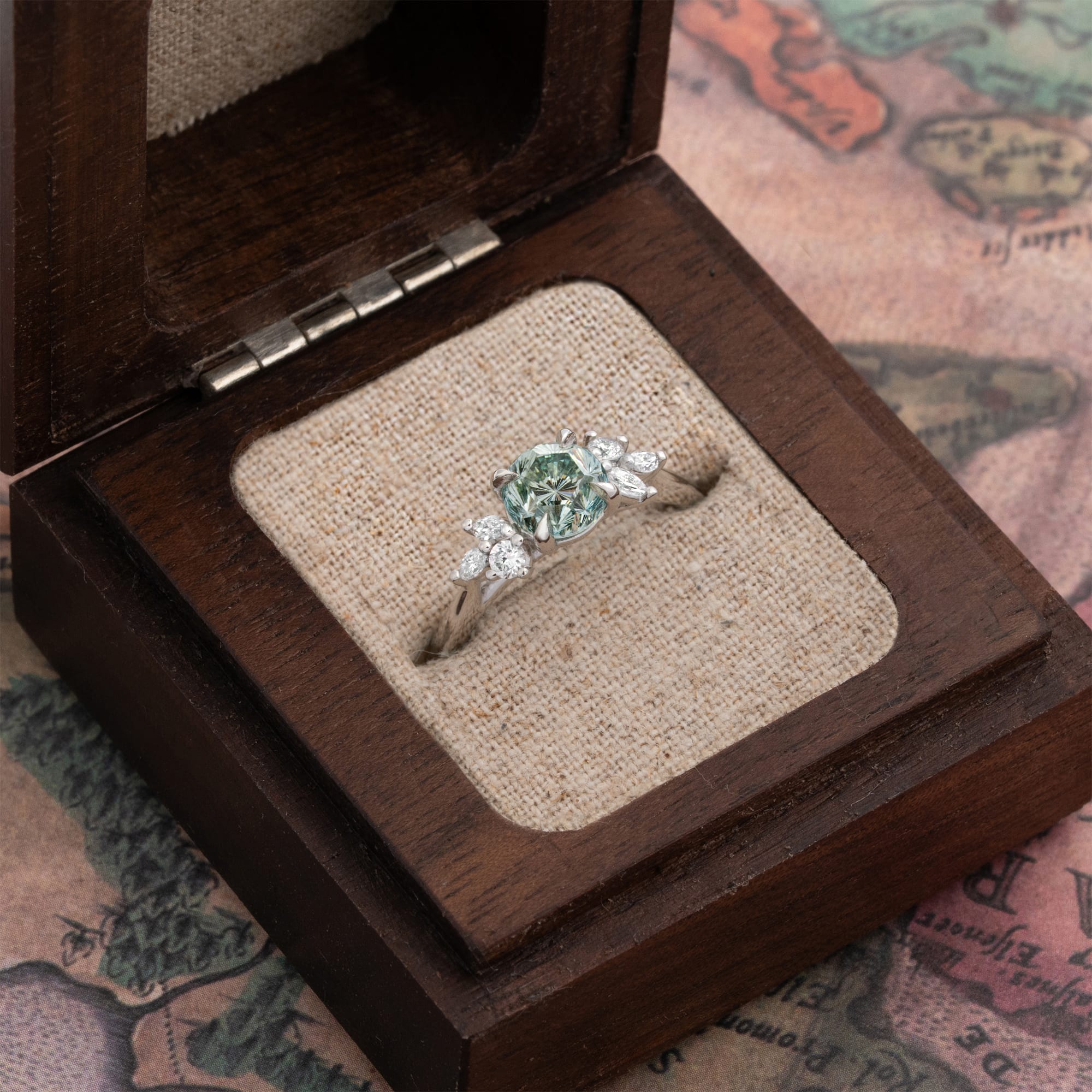 'Dawnflower' Unique seafoam green lab grown diamond ring — 3