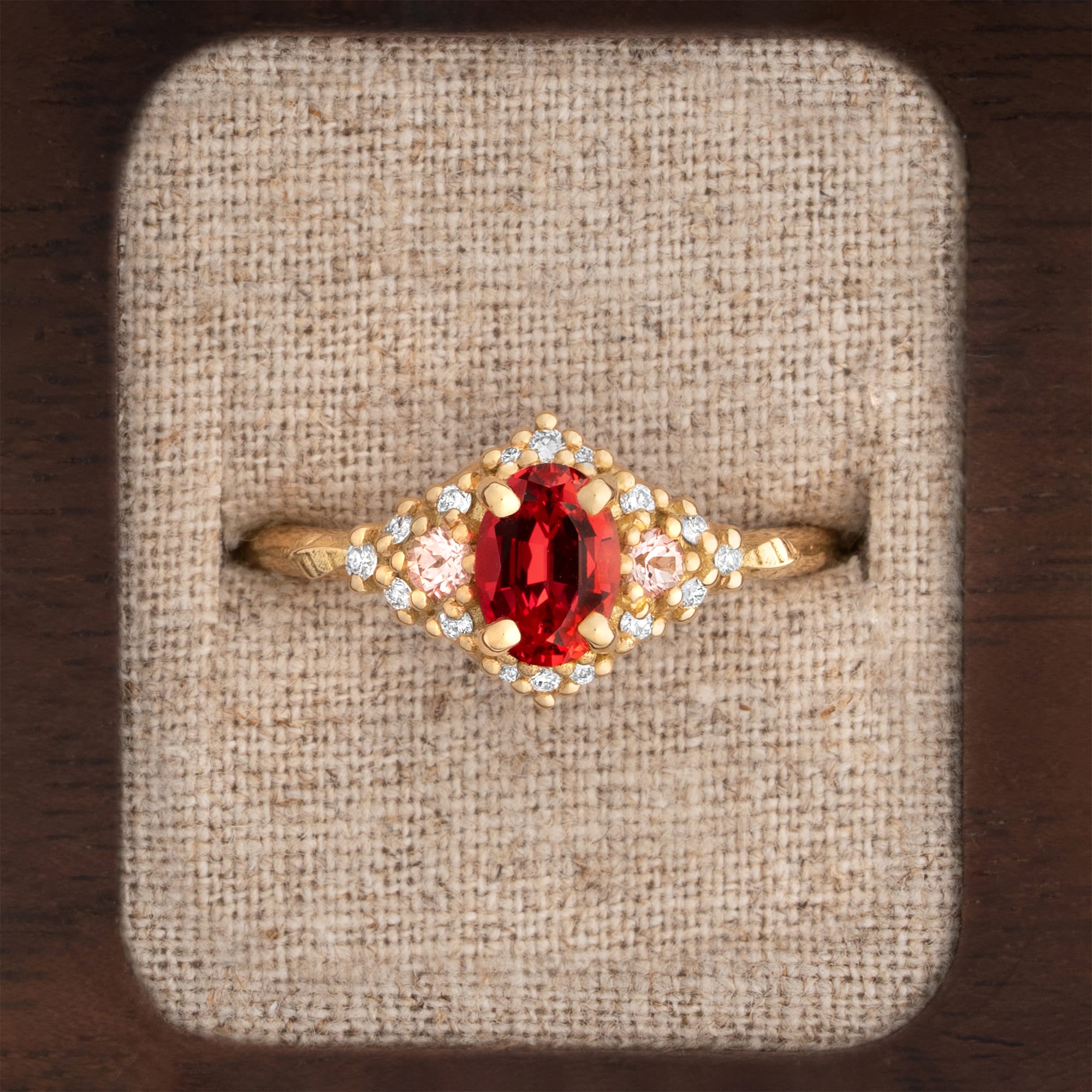 'Woodland' Chatham padparadscha, champagne sapphire and diamond ring