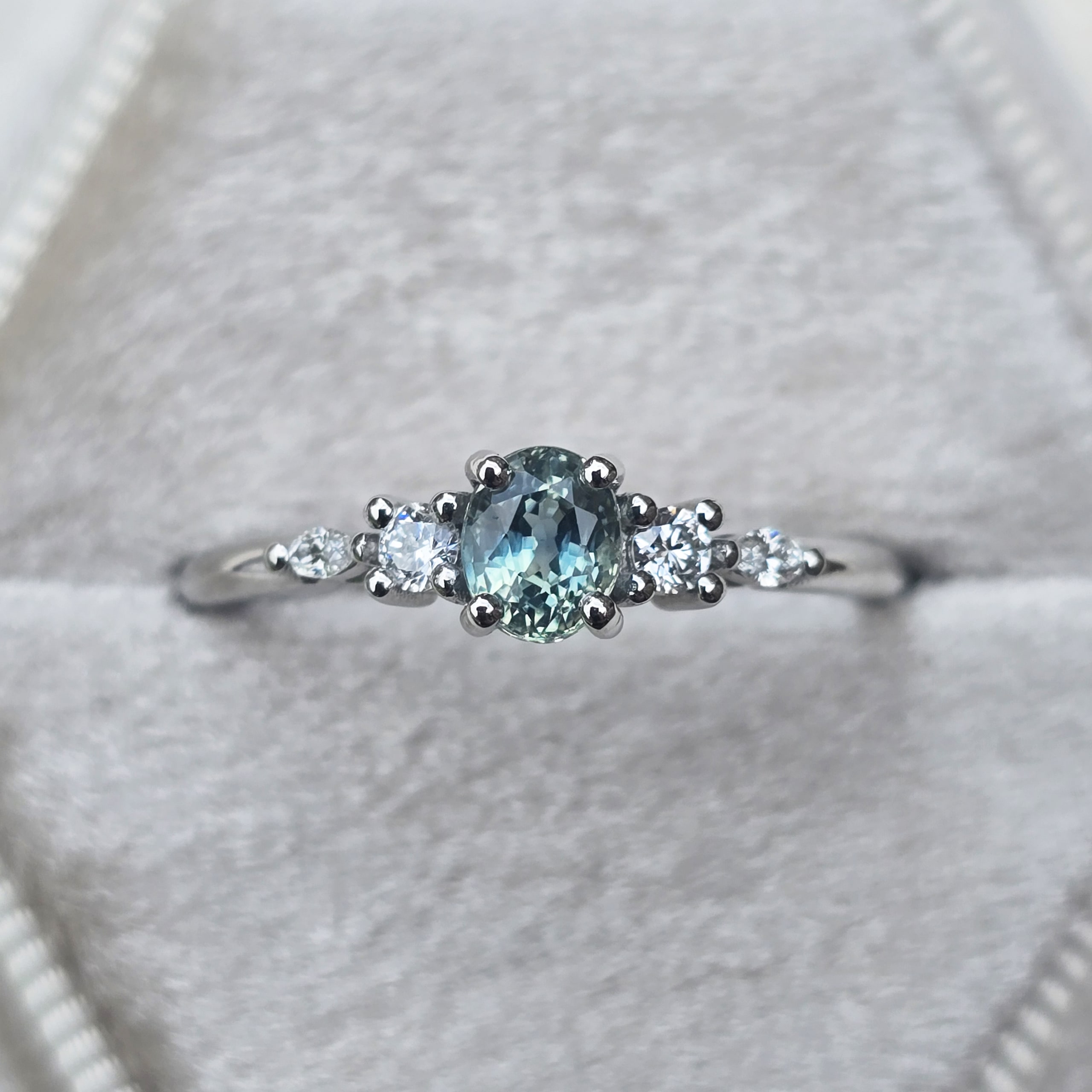 Icy teal sapphire and diamond ring — 1