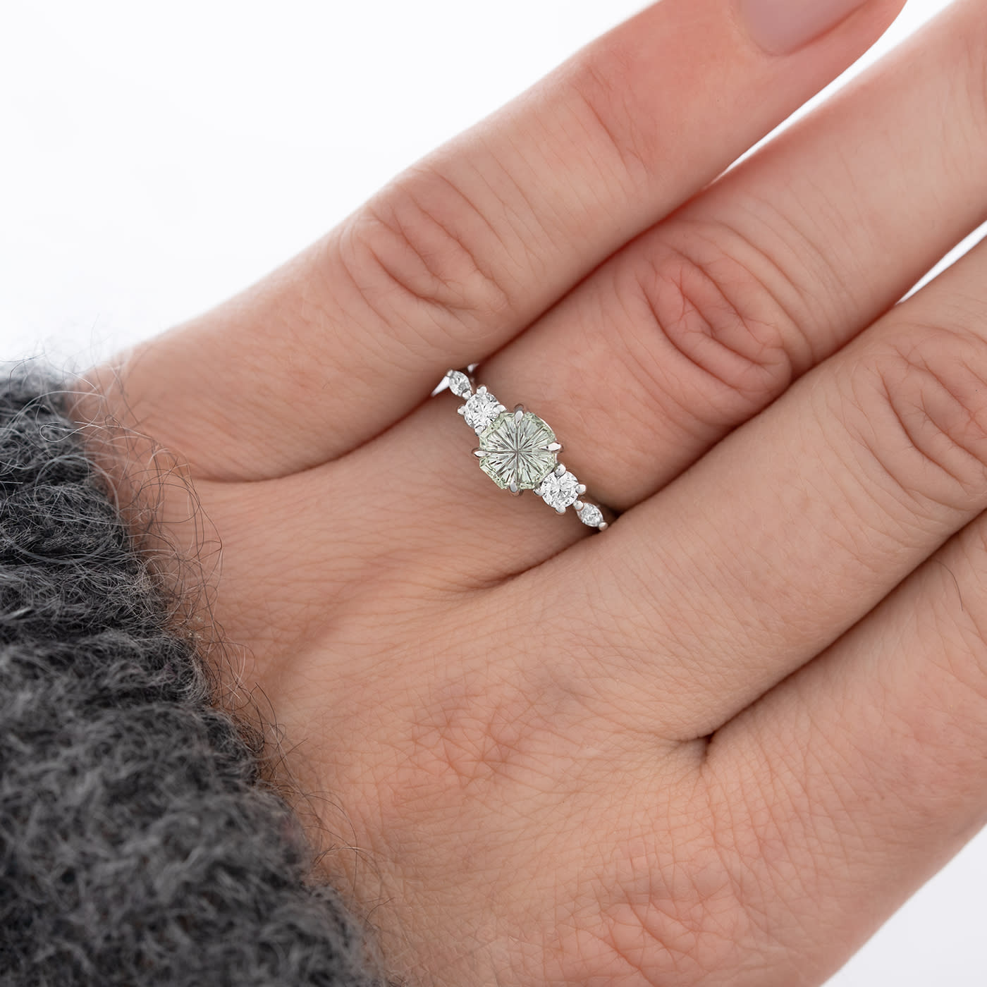 Snowflake seafoam sapphire and diamond trellis ring  — 2