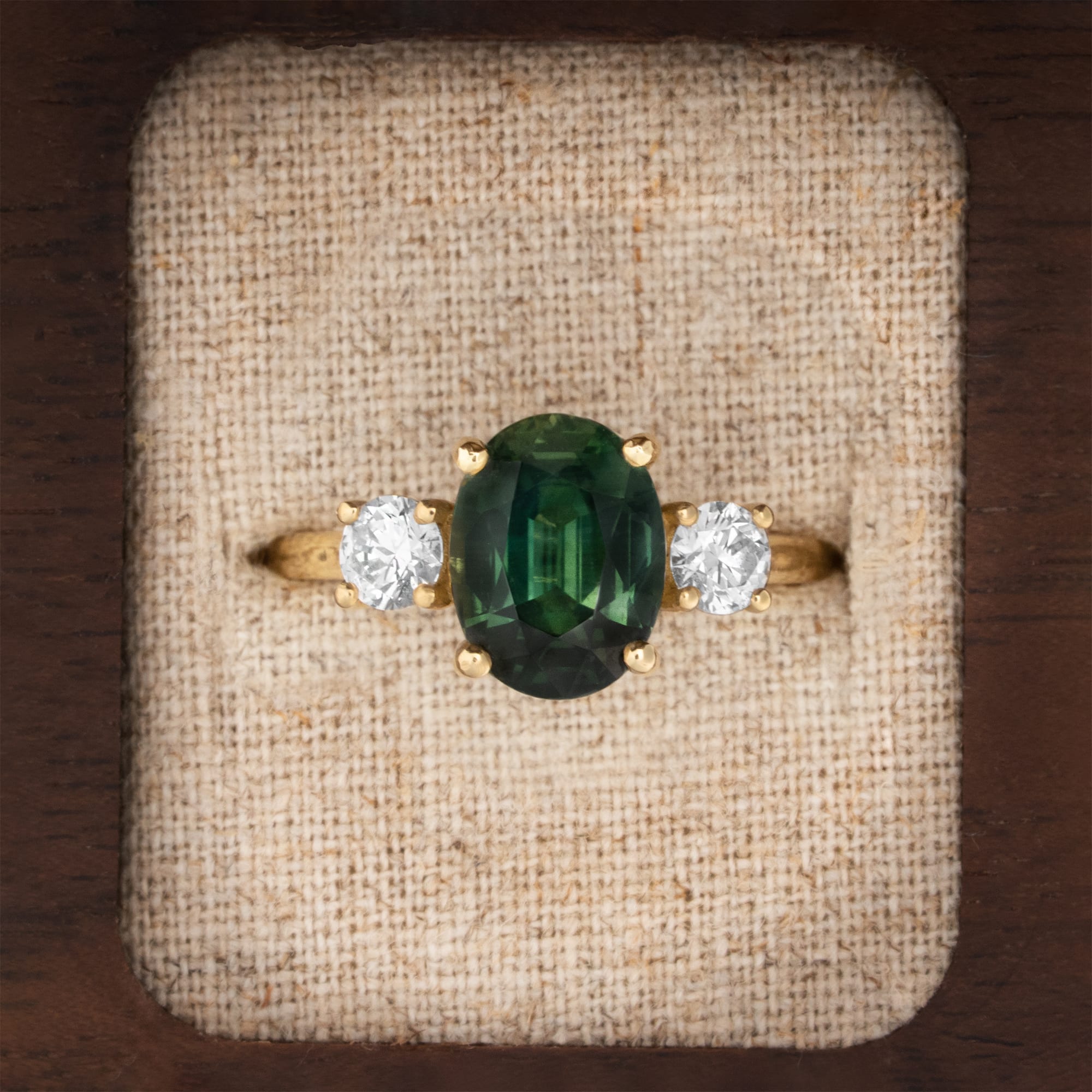 Smoky forest green sapphire and diamond trellis ring — 1