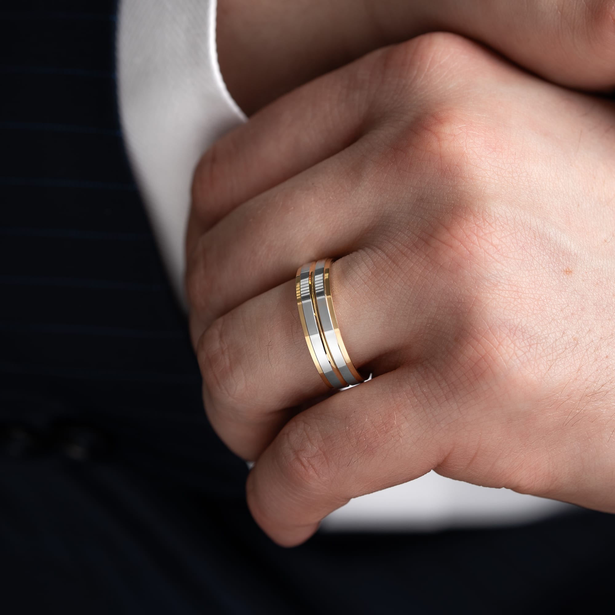 Two tone tramline wedding band 
