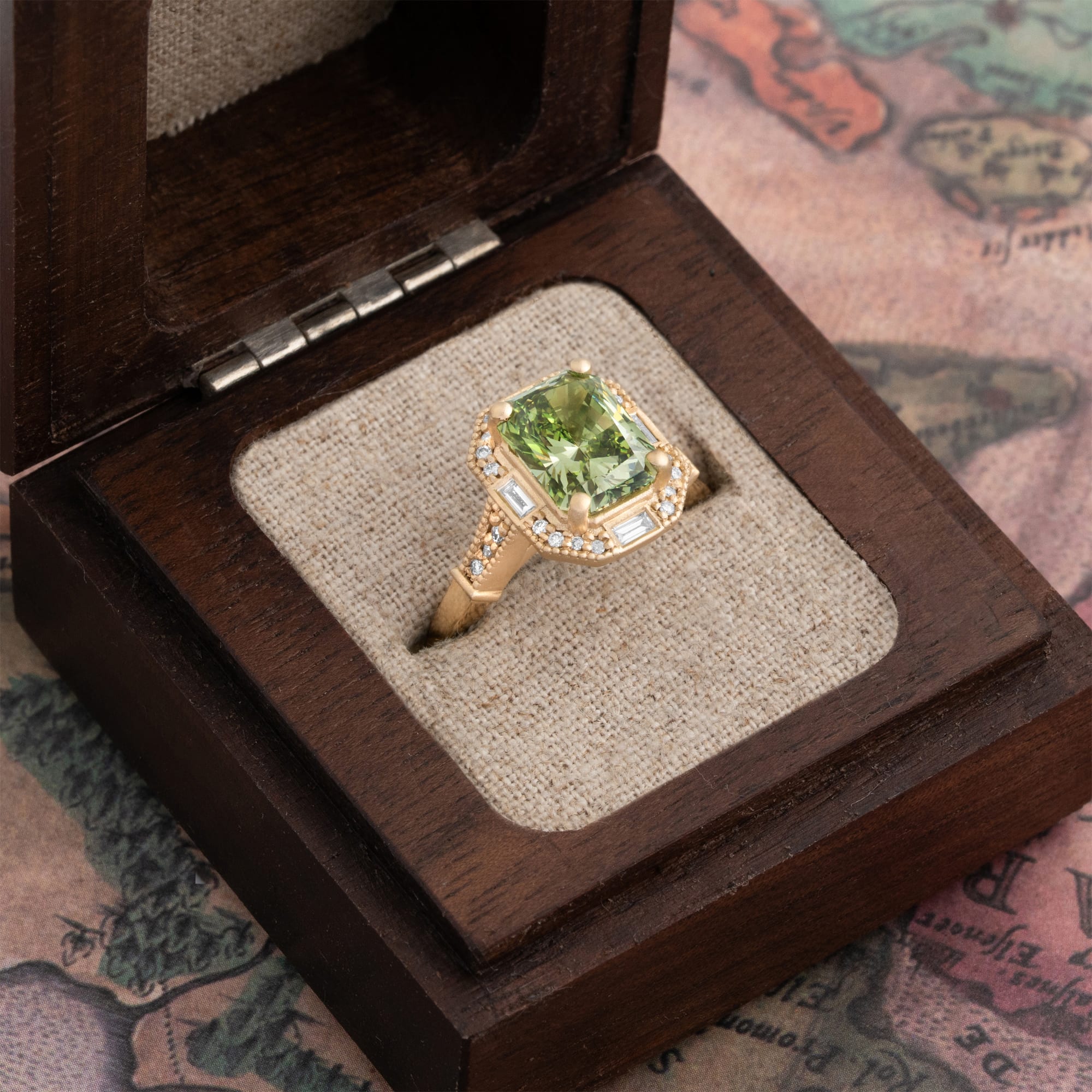 Antique inspired radiant green diamond ring — 2