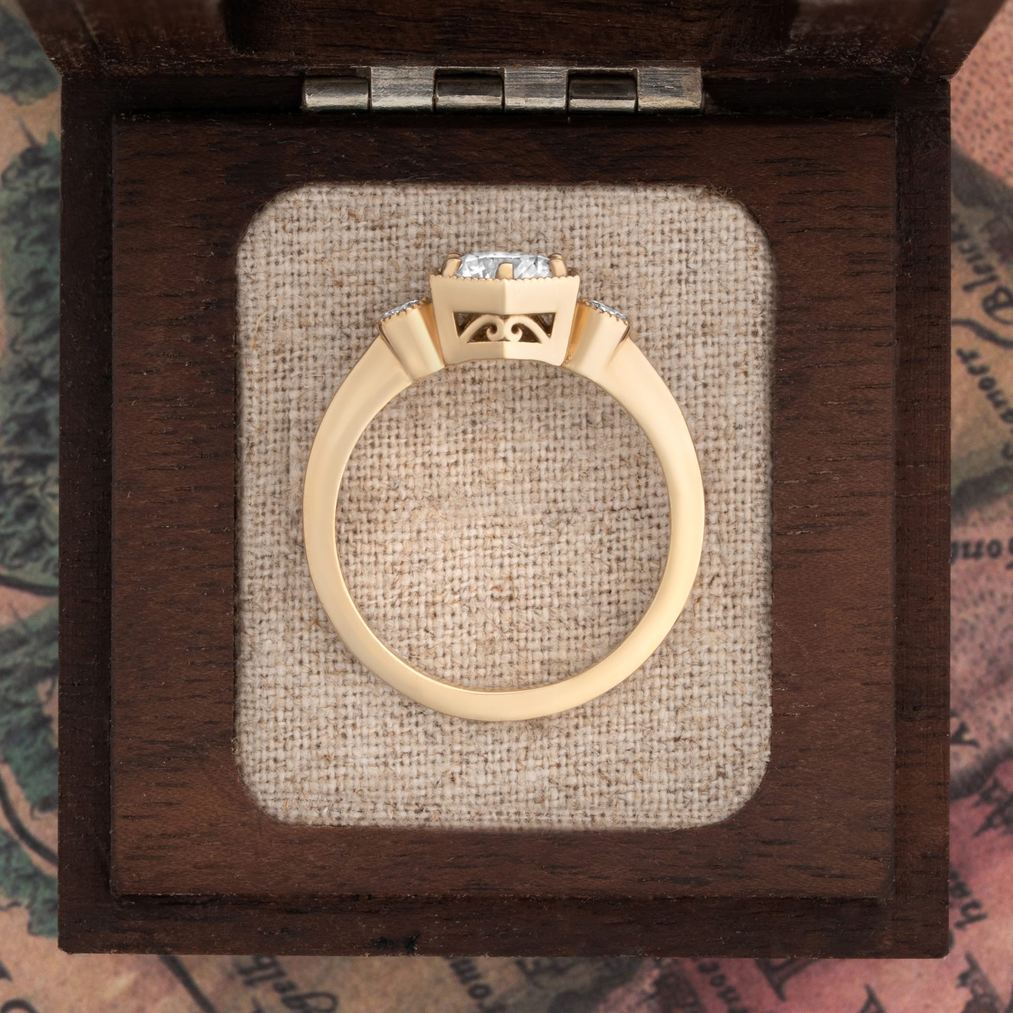 Moissanite three stone trilogy milgrain hexagon engagement ring  — 4
