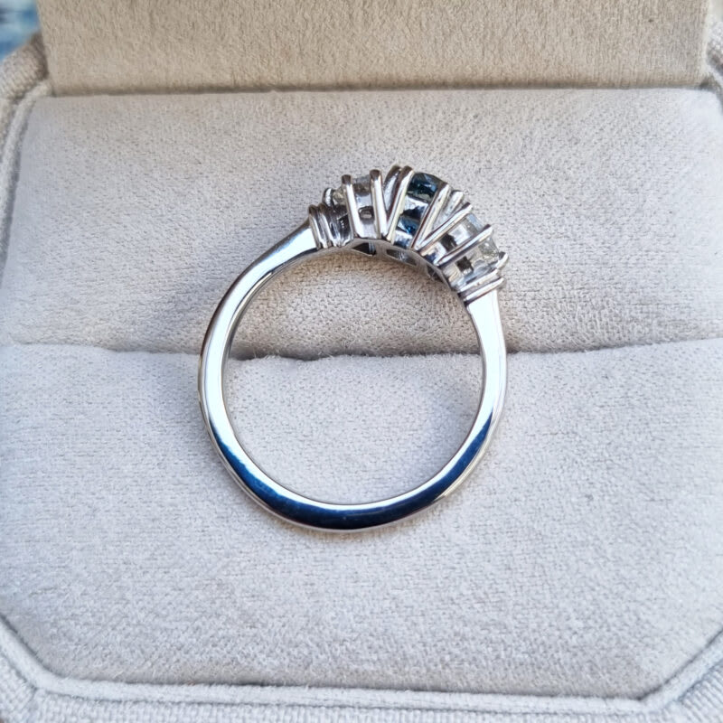 Icy blue sapphire and cadillac cut lab grown diamond trilogy ring - alternate view