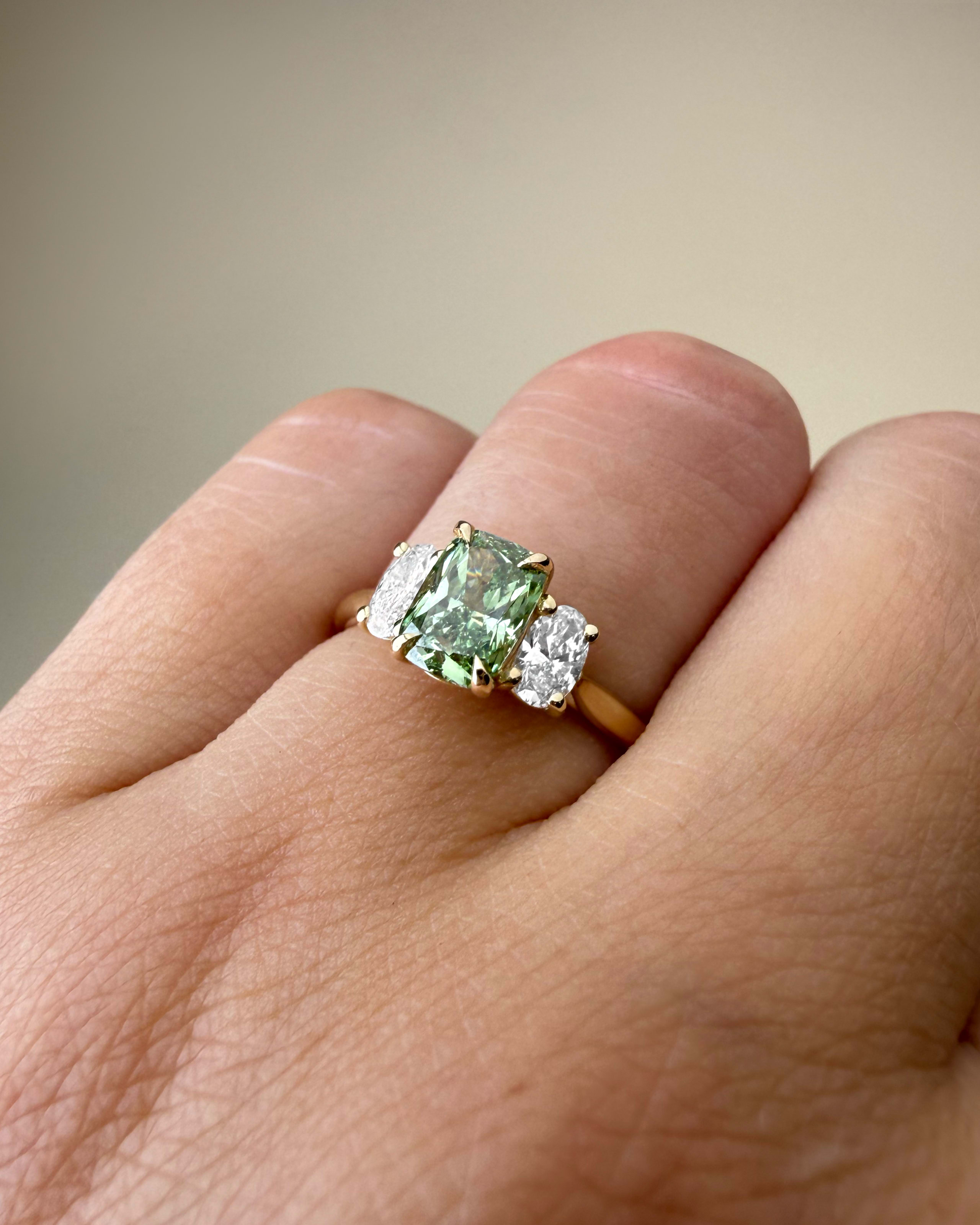 'Felicity' Cushion green diamond trilogy ring — 2