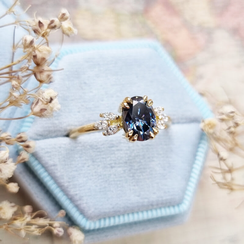 Midnight grey oval moissanite and diamond floral ring — 5