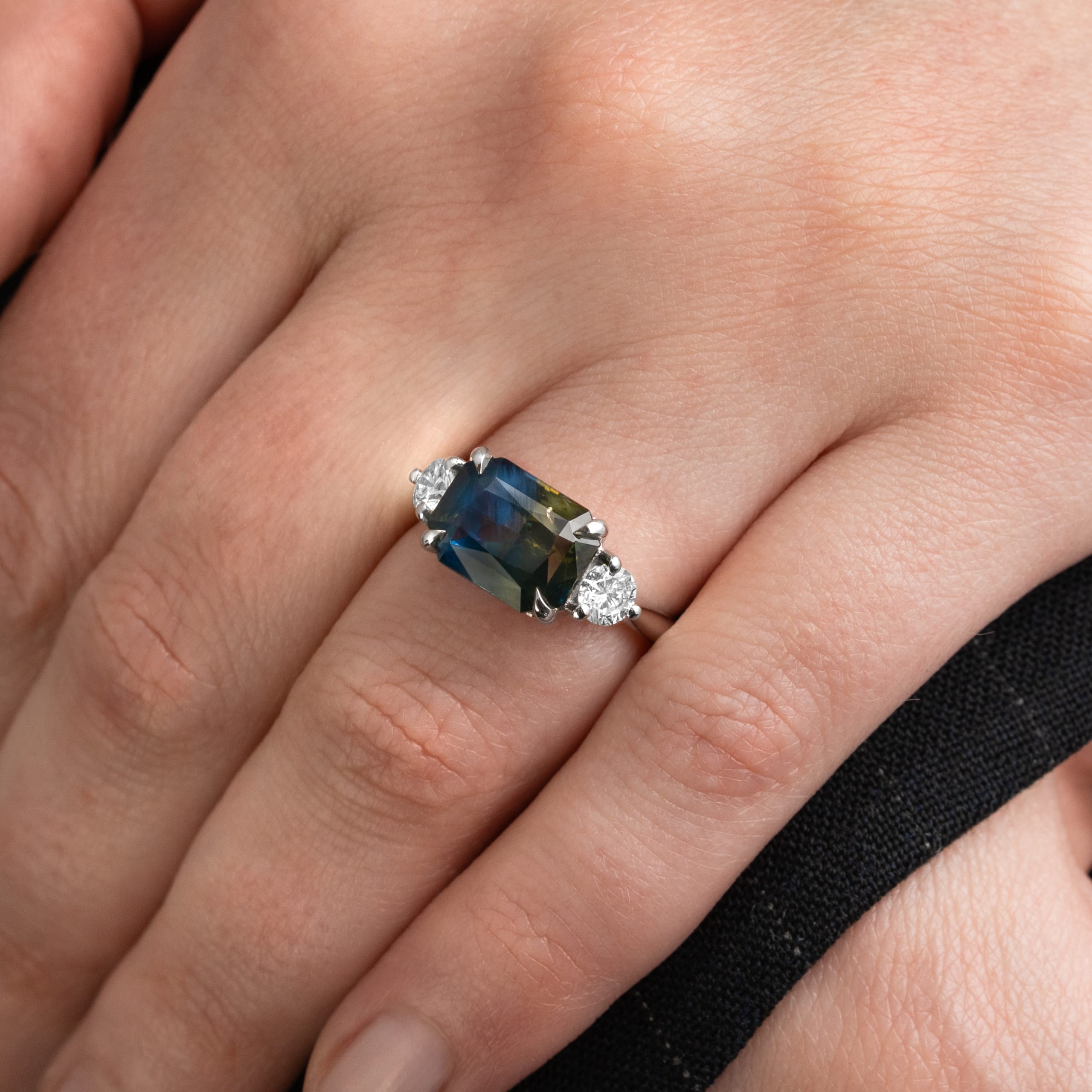 Octagon Bi colour sapphire and diamond trilogy ring  — 5