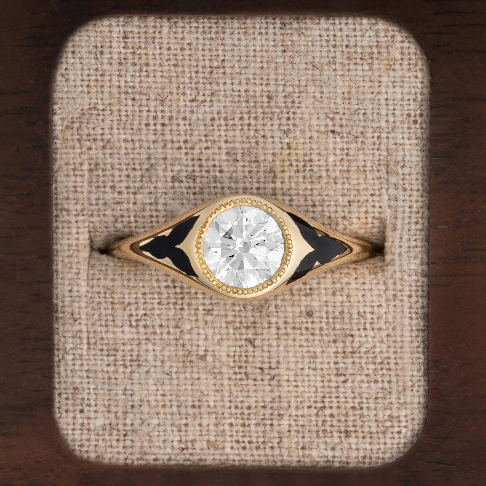Black enamel Victorian inspired lab diamond signet ring