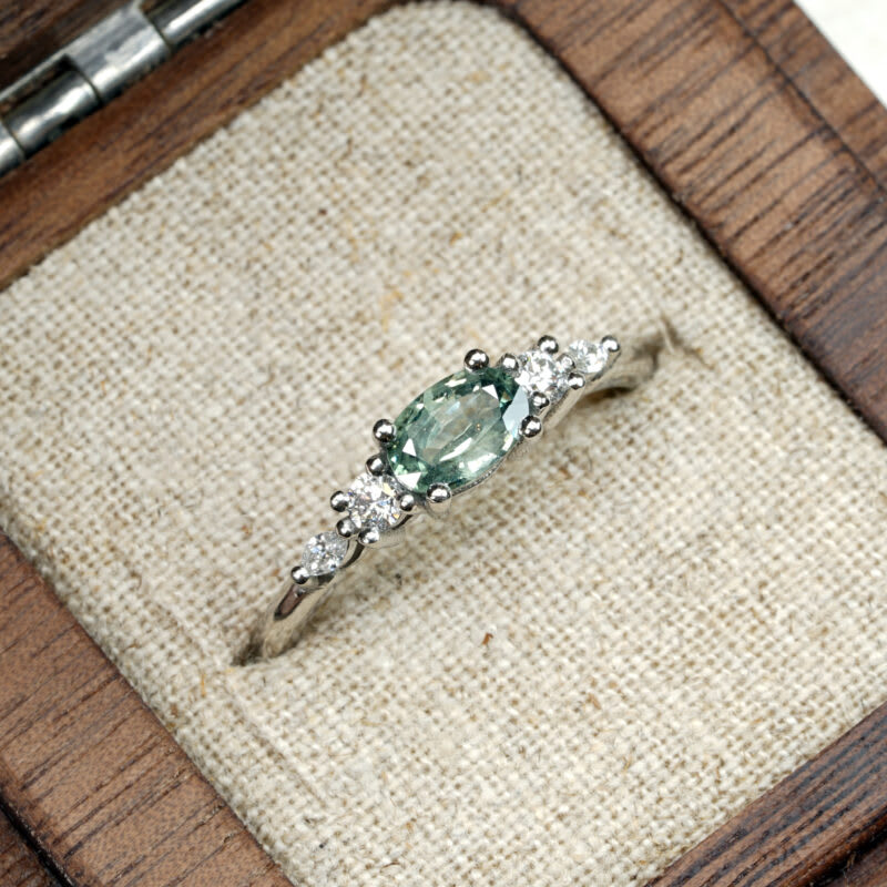 Oval seafoam green sapphire and diamond 5 stone ring — 1