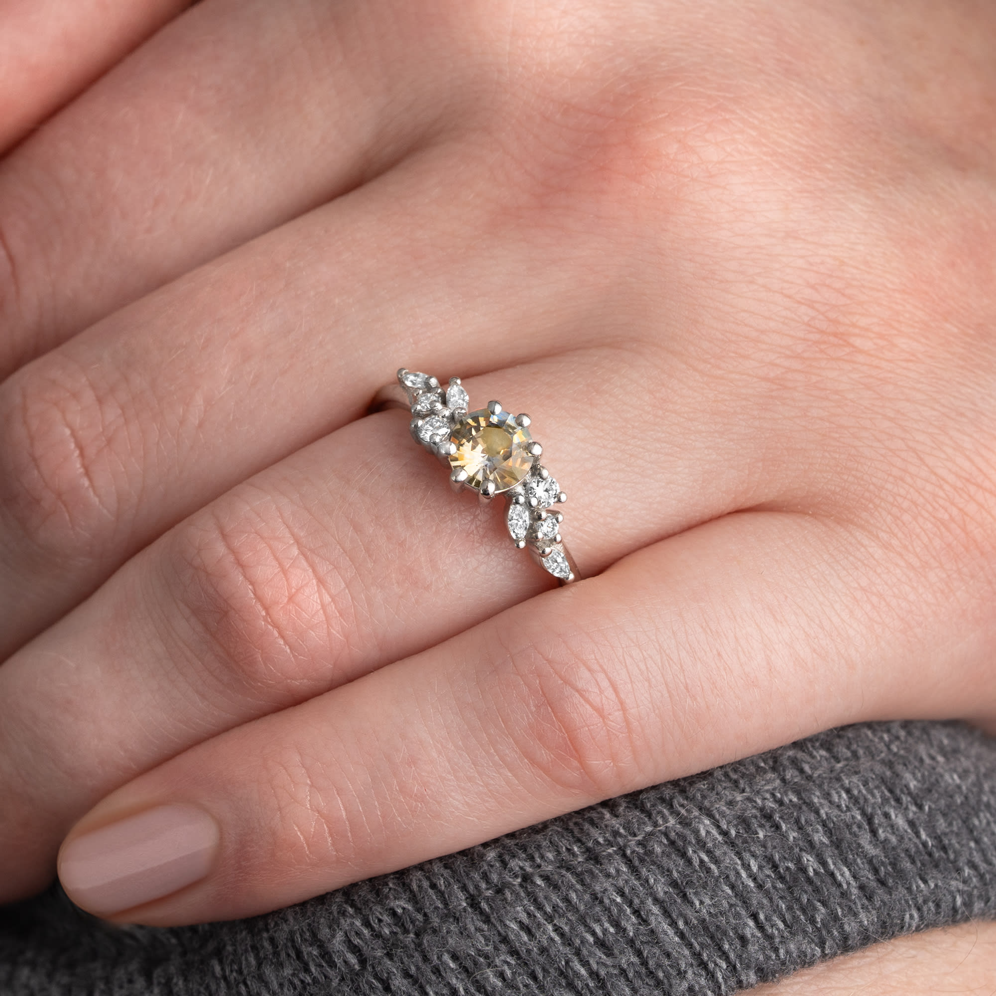 Round bi colour sapphire and diamond cluster ring - alternate view