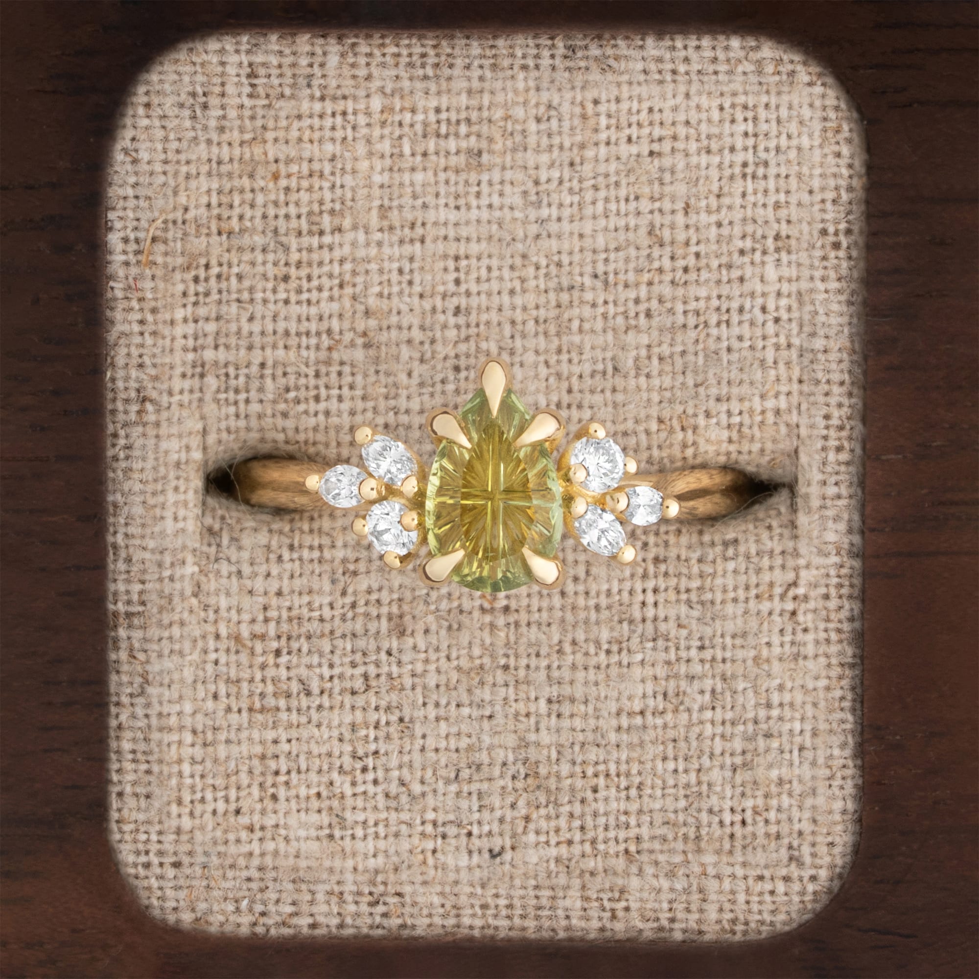'Dawnflower' Pear green fantasy tourmaline and diamond ring