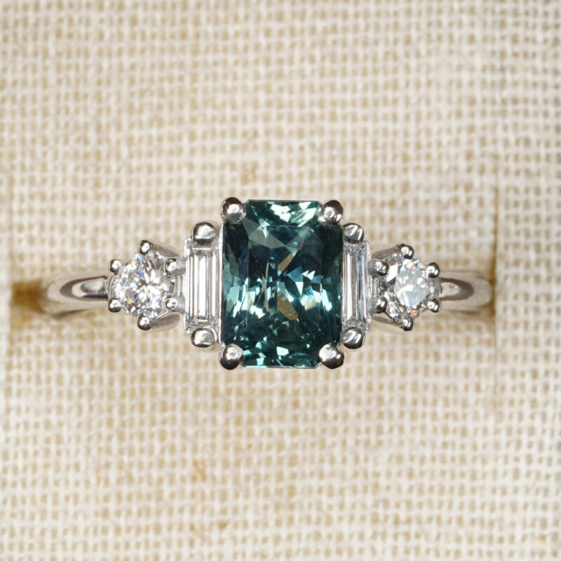 Art deco teal sapphire and lab grown diamond ring — 1