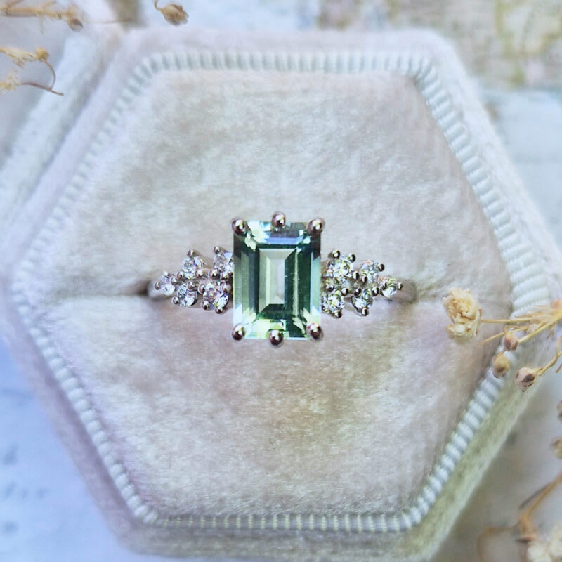 Mint green beryl and diamond ring in platinum