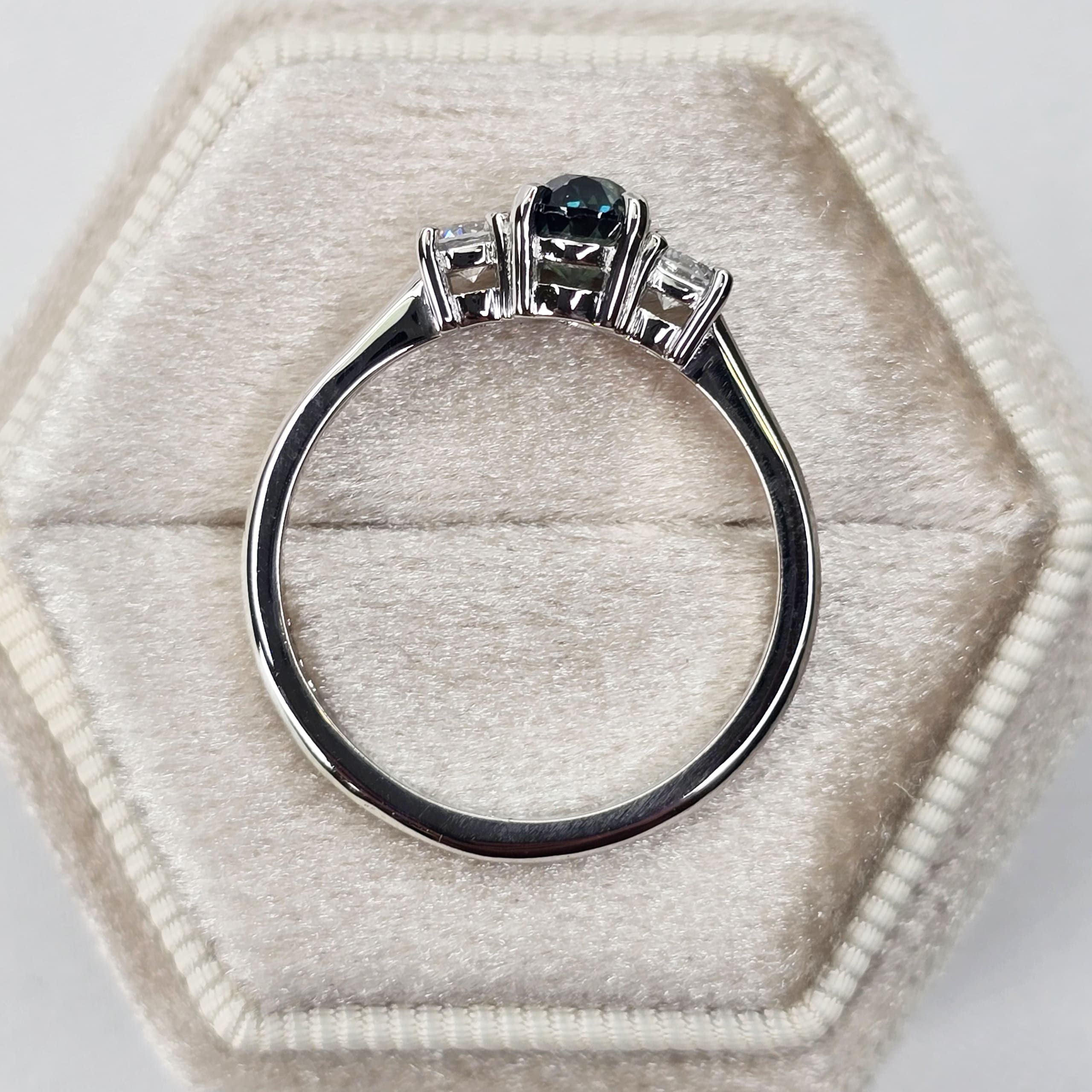 Cushion cut teal sapphire and diamond trilogy ring — 2