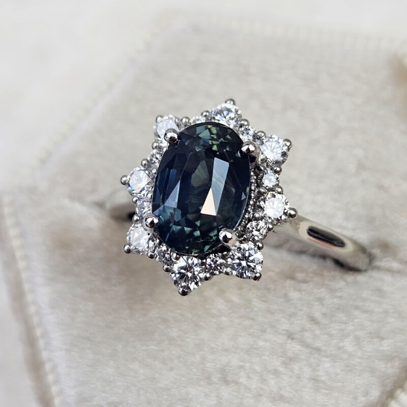 Deep smoky teal sapphire and diamond halo ring — 3