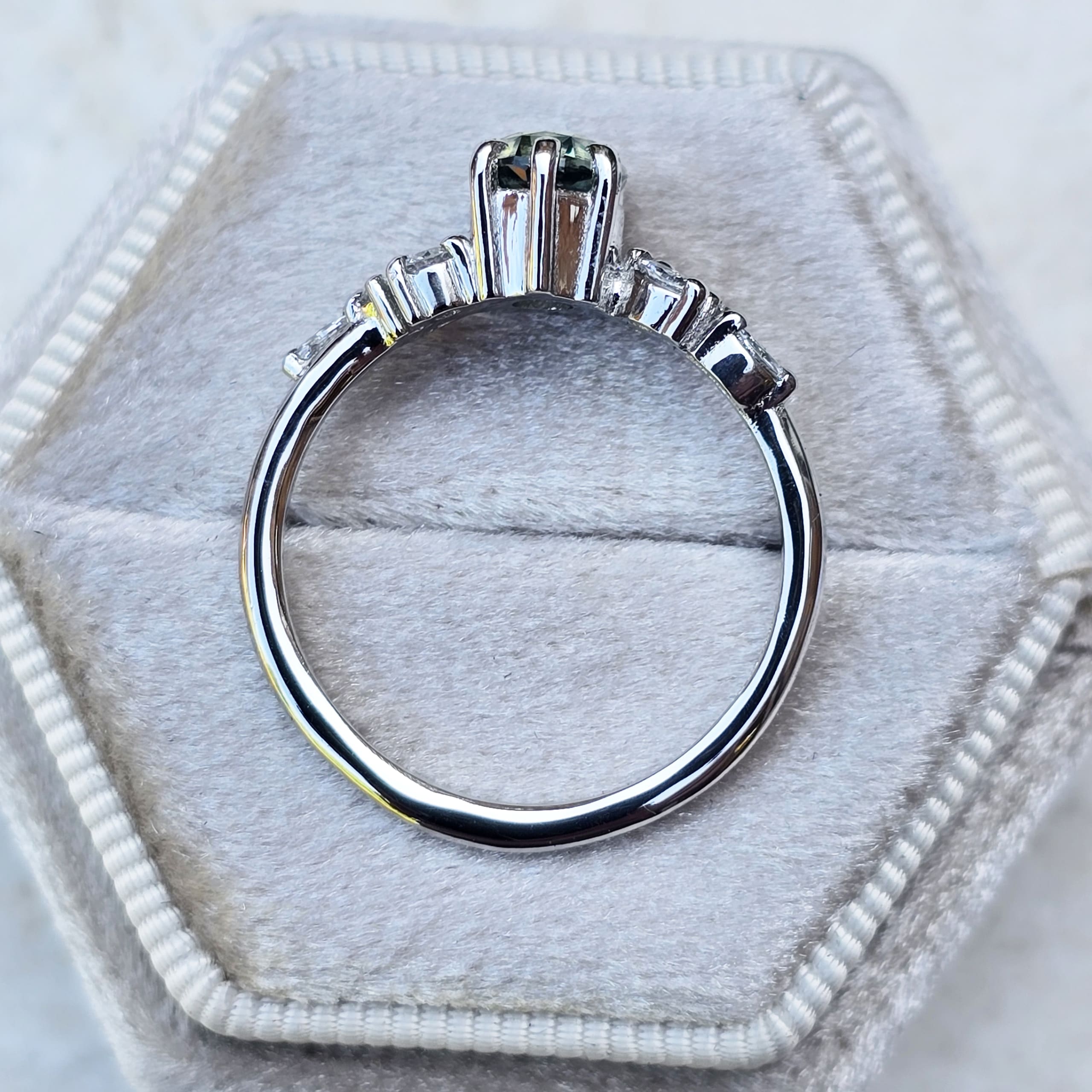 Icy teal sapphire and lab grown diamond floral ring — 3