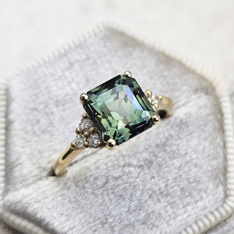 Emerald cut green sapphire and diamond ring — 5
