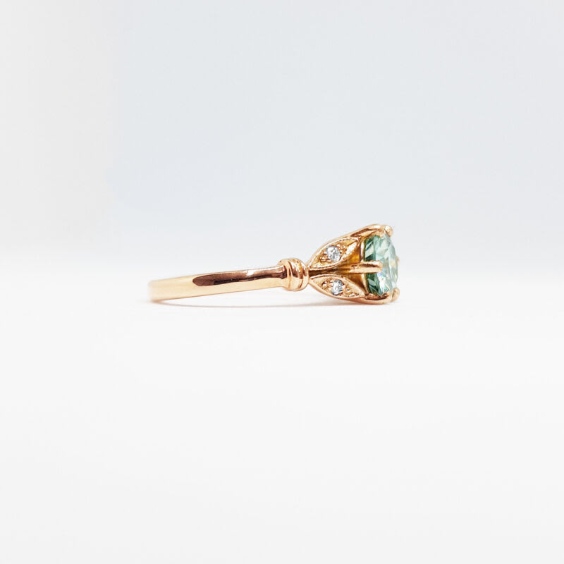 Light blue moissanite and diamond round engagement solitaire nature inspired leaf floral ring in gold handmade for her — 2