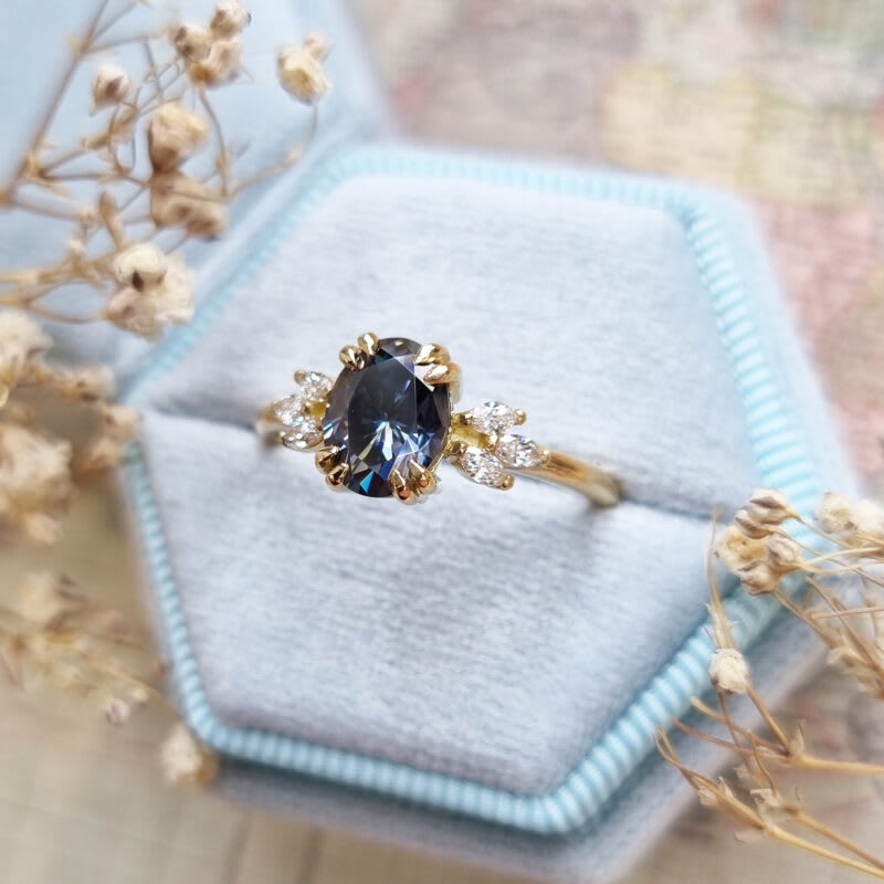 Midnight grey oval moissanite and diamond floral ring — 6