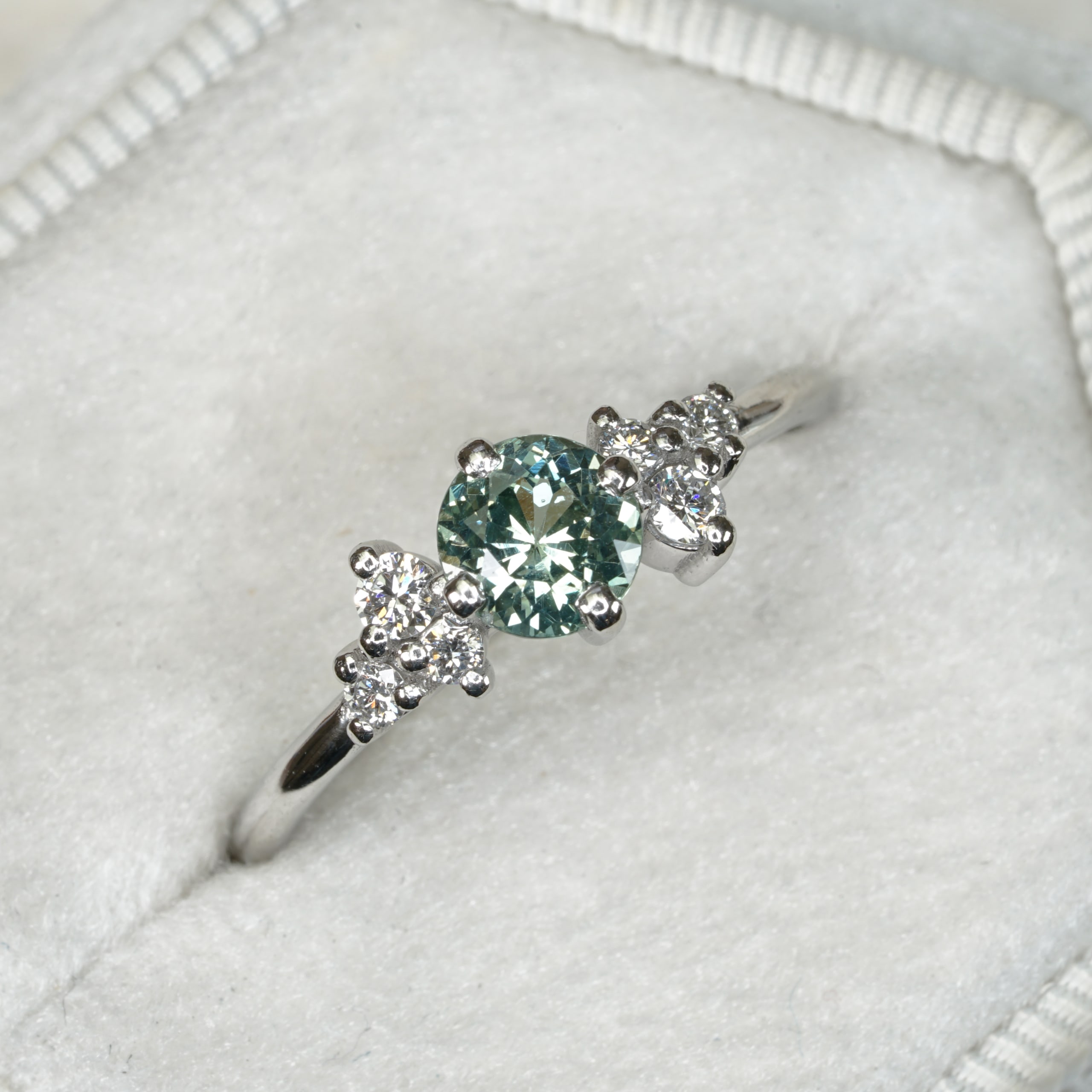 Precision seafoam green sapphire and diamond ring — 1