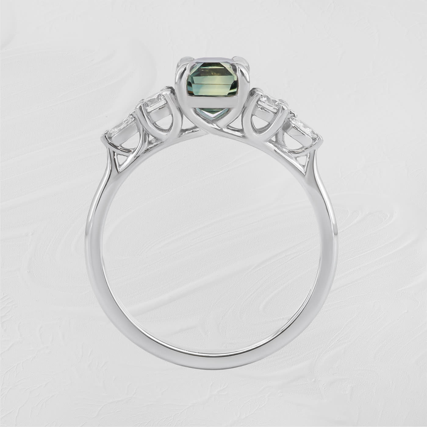 Emerald cut teal sapphire and diamond trellis ring  — 3