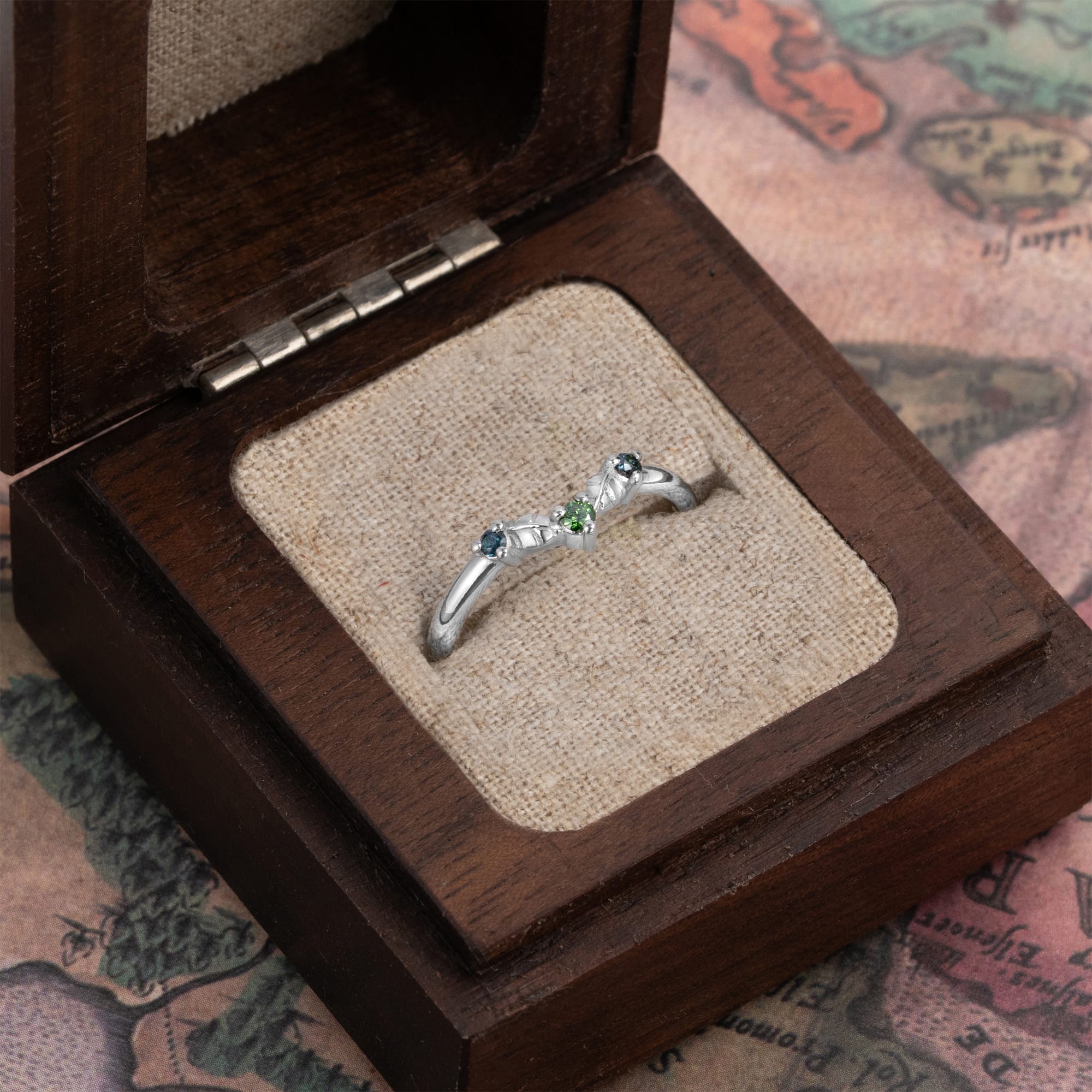 Floral green and teal diamond wedding band - alternate view