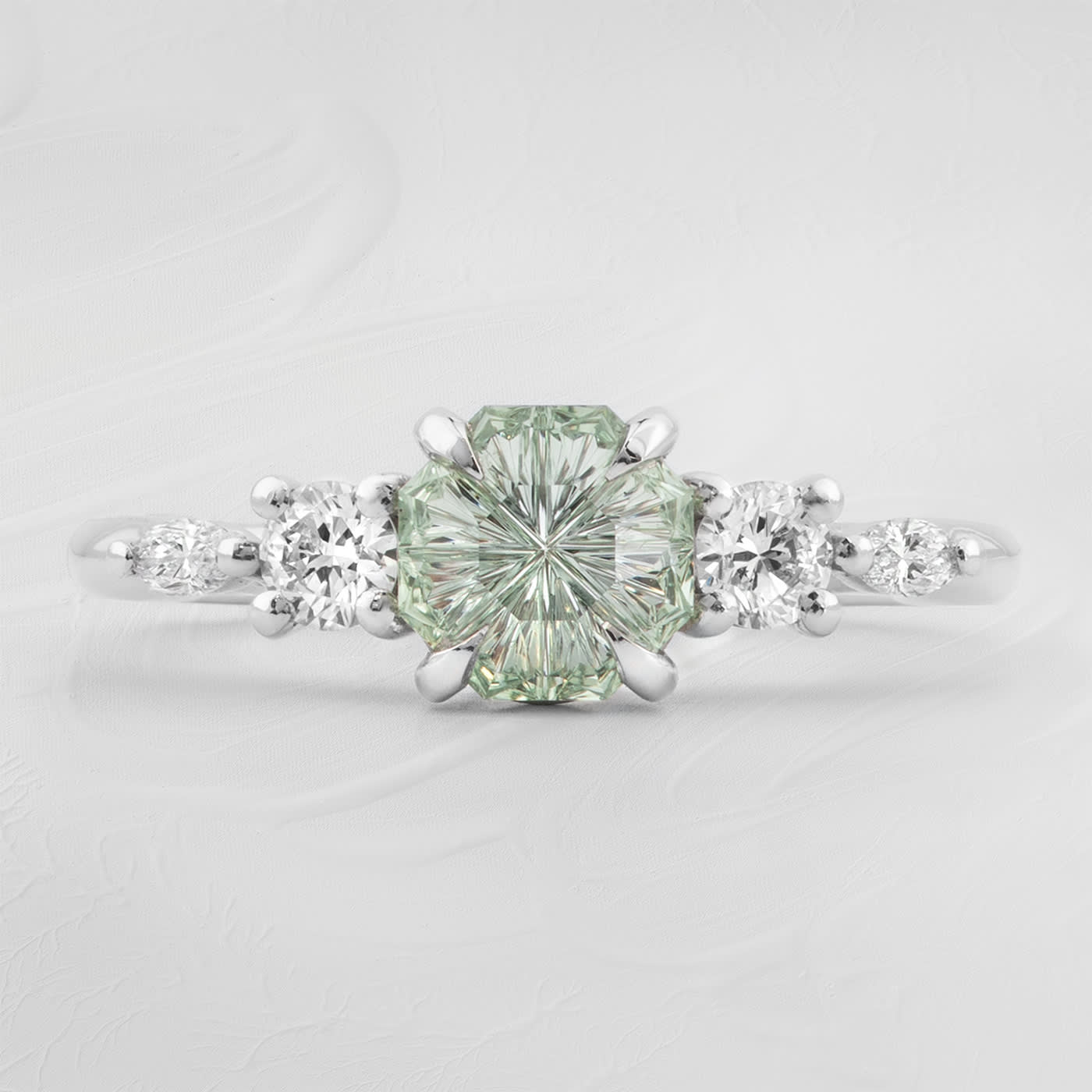 Snowflake seafoam sapphire and diamond trellis ring  — 1