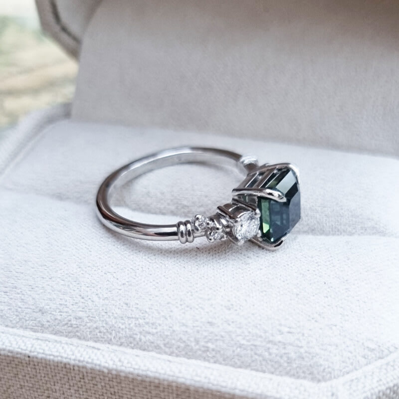 Emerald cut teal sapphire and diamond ring — 5