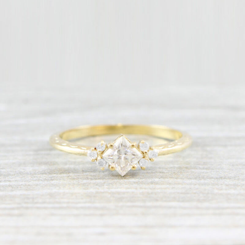 Moissanite and Diamond  1920's inspired Engraved Engagement ring in yellow/rose/white gold or platinum — 1