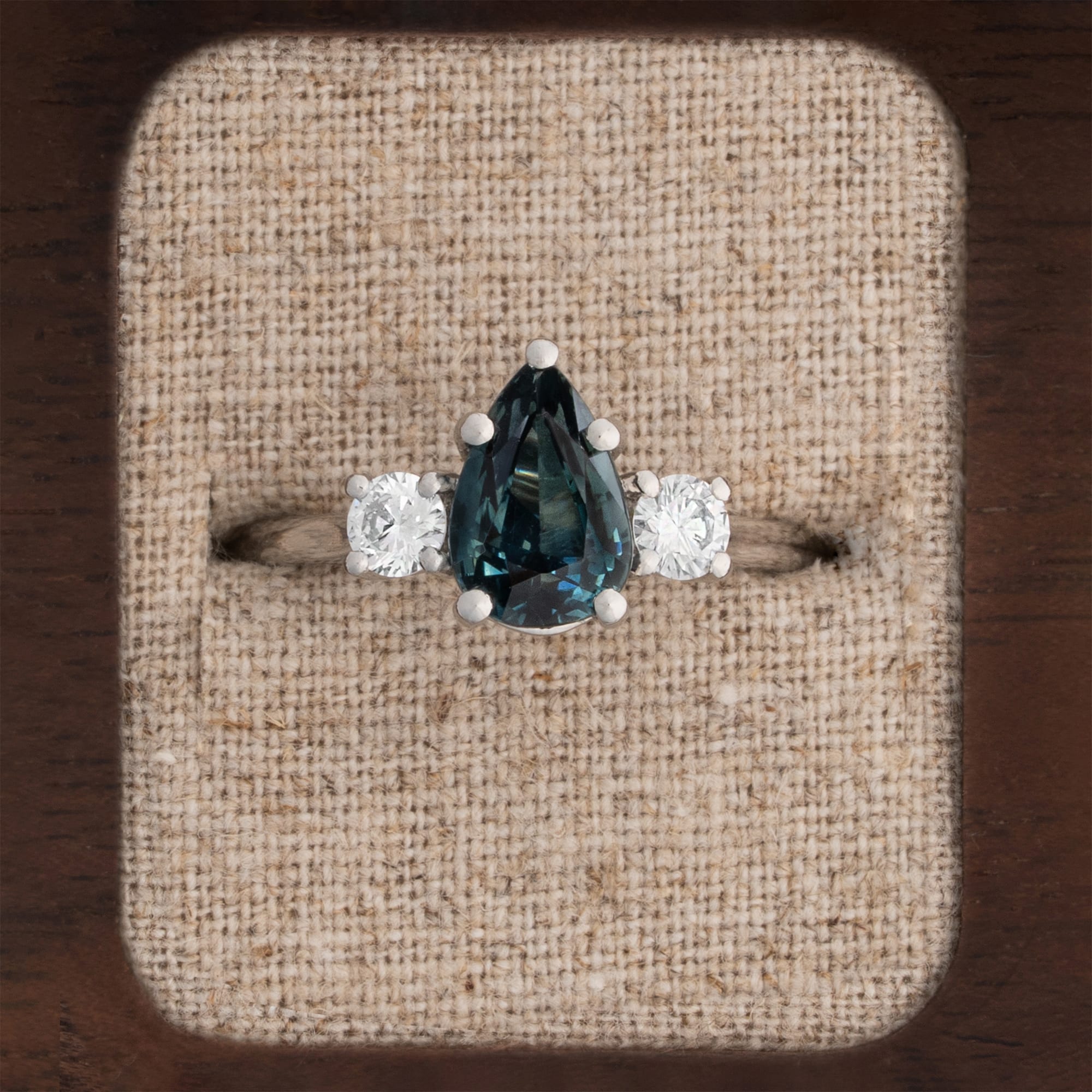 'Trinity' Pear teal sapphire and diamond trilogy ring