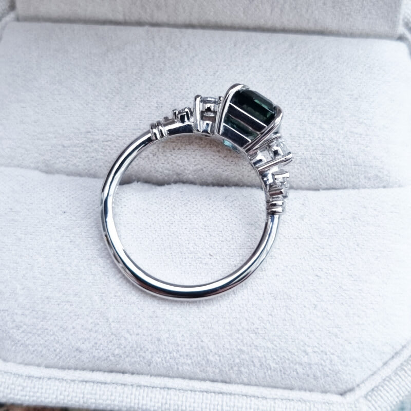 Emerald cut teal sapphire and diamond ring — 3