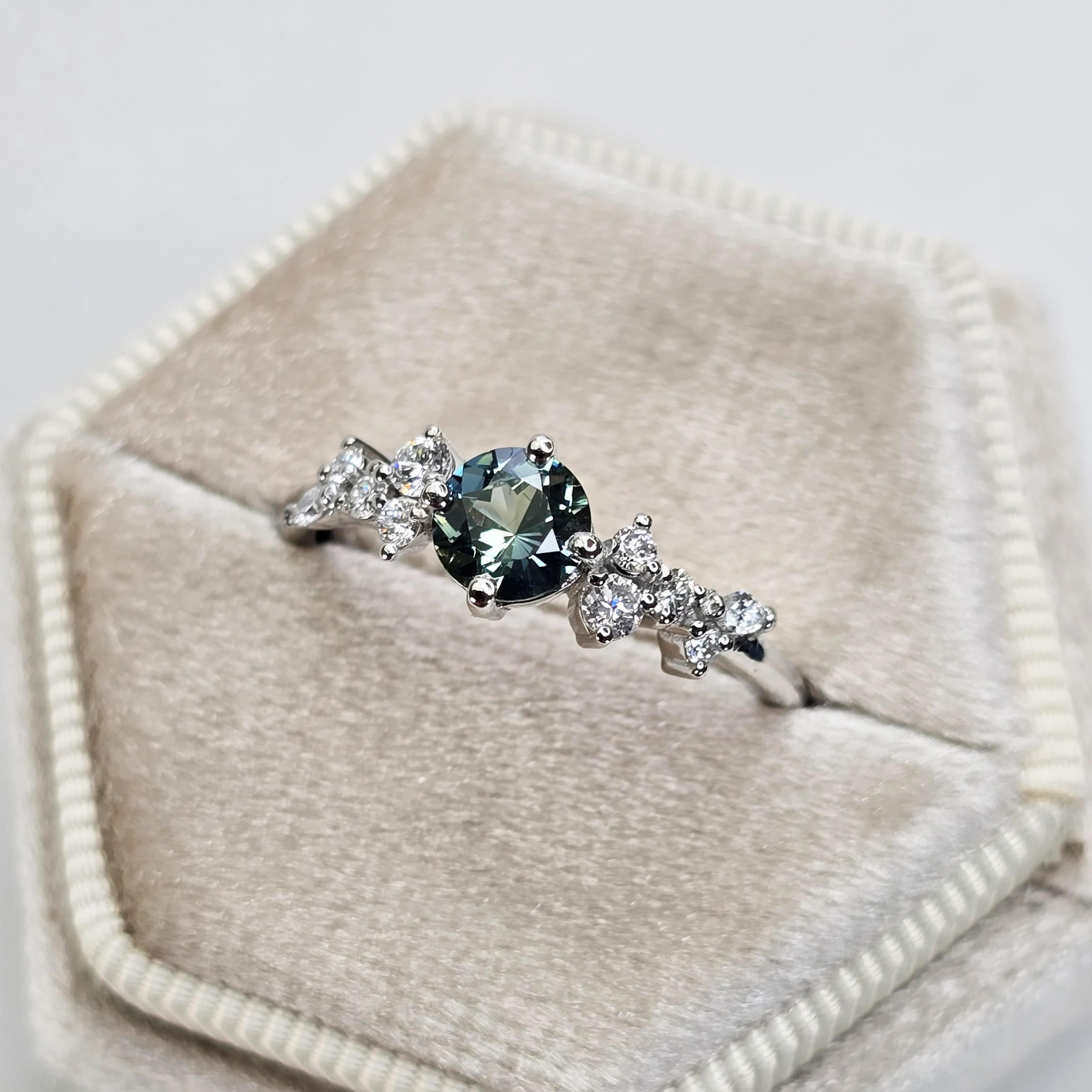 Ocean teal precision cut sapphire and diamond floral ring — 2