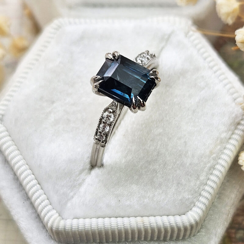 Emerald cut deep teal sapphire and diamond ring — 3