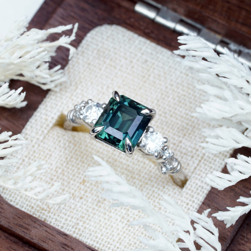 Emerald cut teal sapphire and diamond ring — 4