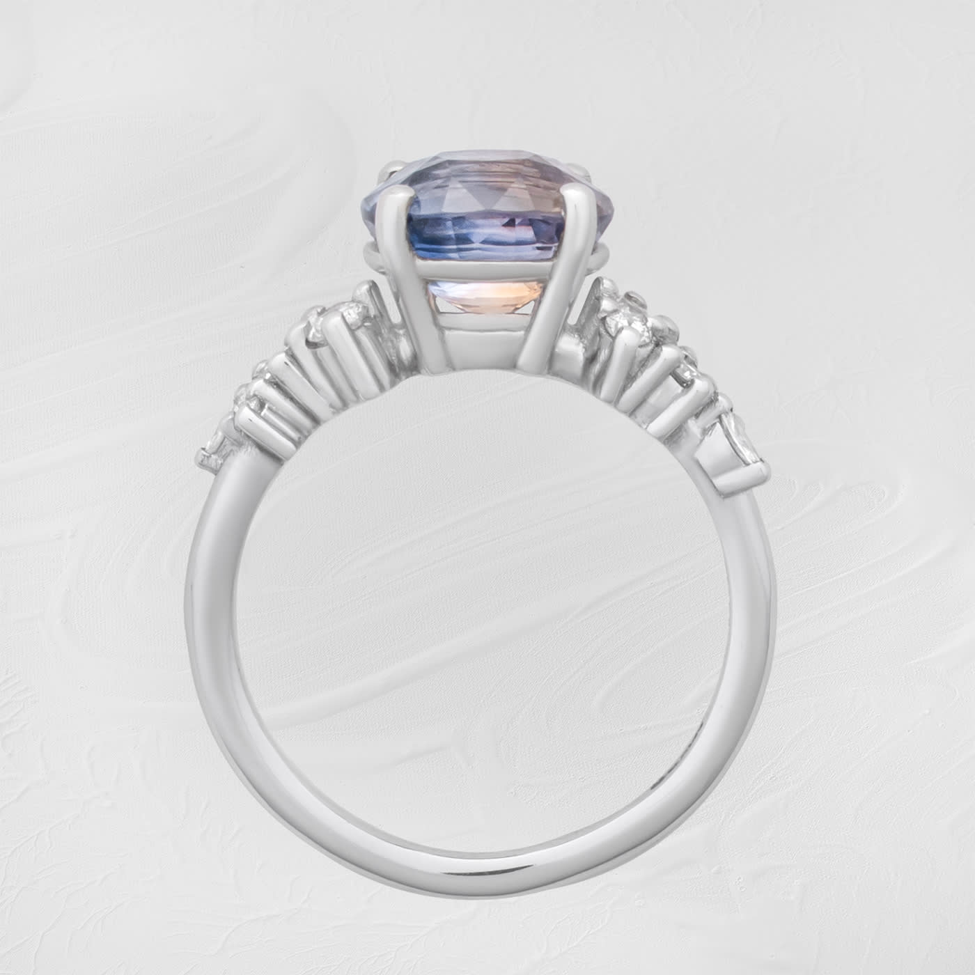 One of a kind bi colour peach and blue sapphire and diamond floral ring — 3