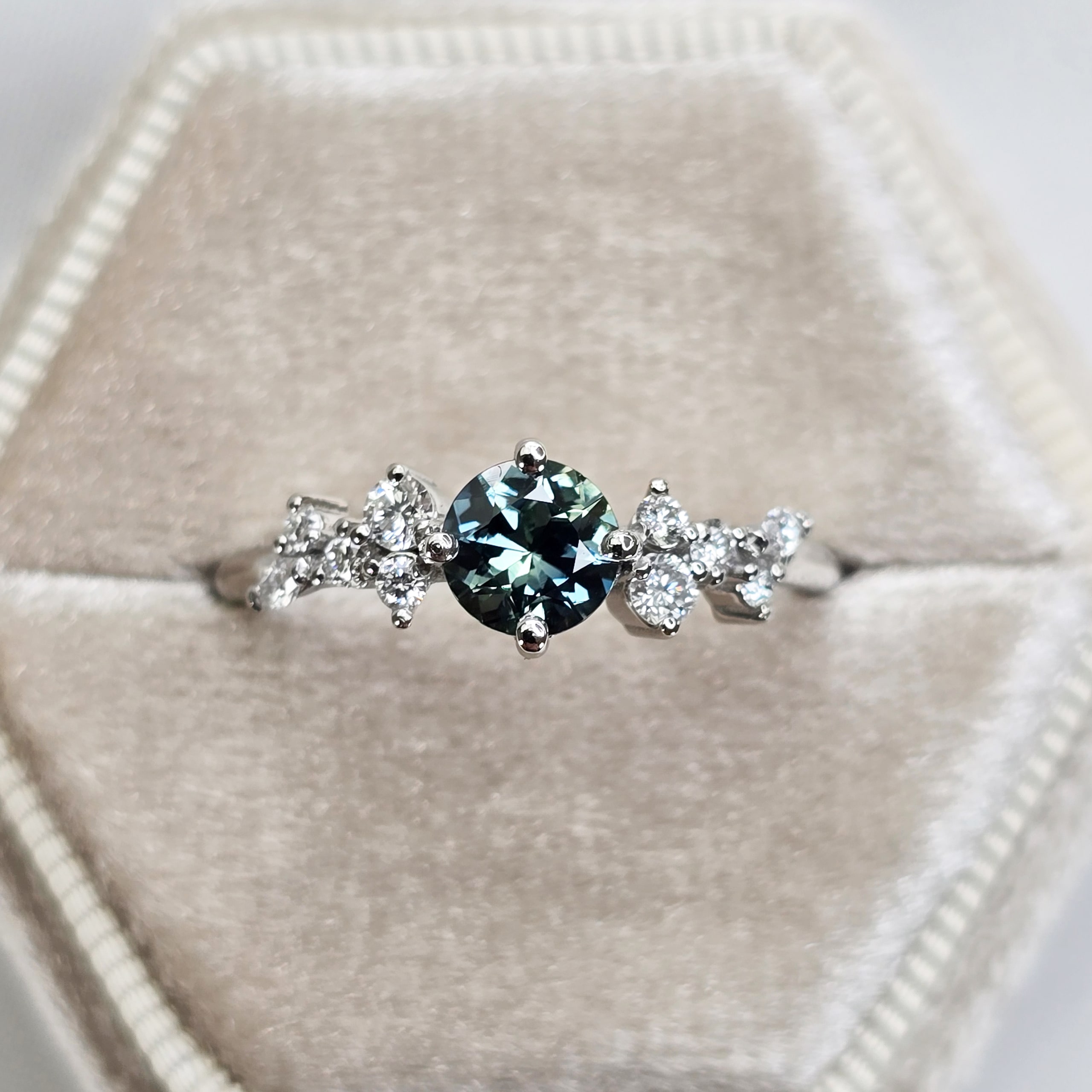Ocean teal precision cut sapphire and diamond floral ring — 1