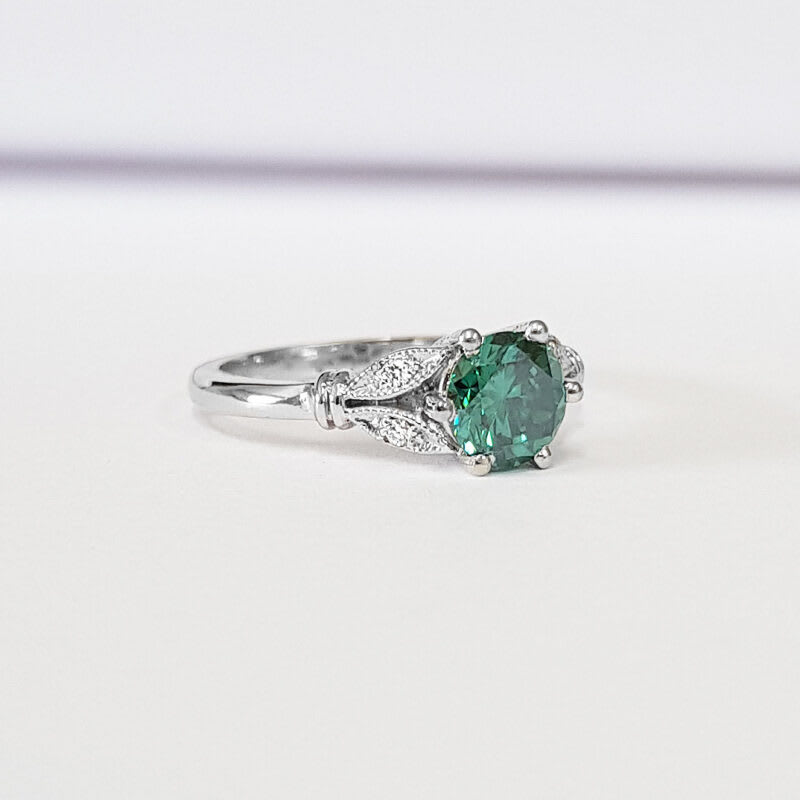 Teal Green Moissanite and Diamond Floral Engagement Ring — 3