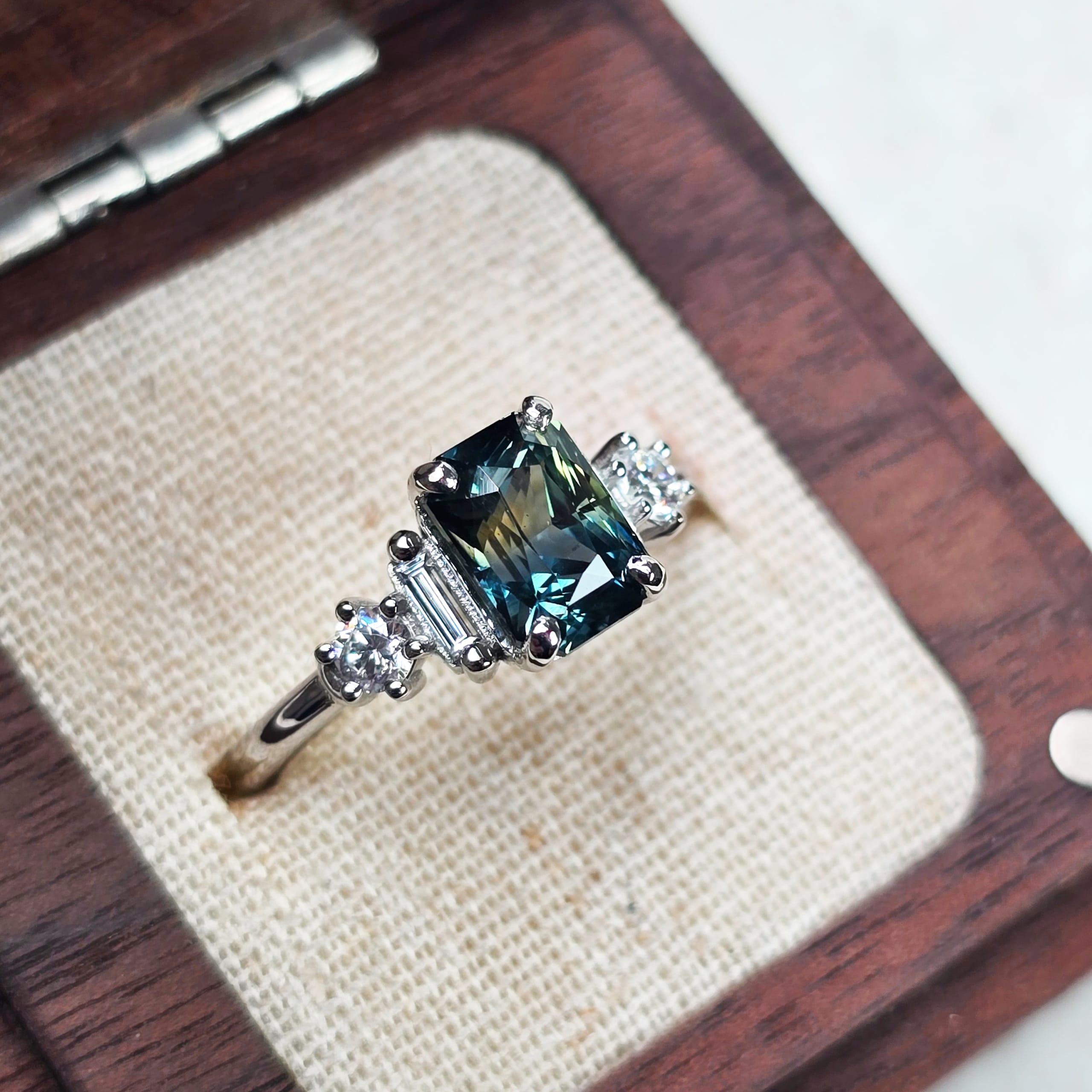 Art deco teal sapphire and lab grown diamond ring — 3