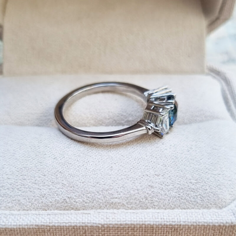 Icy blue sapphire and cadillac cut lab grown diamond trilogy ring — 5