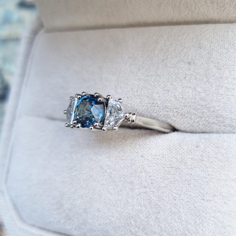Icy blue sapphire and cadillac cut lab grown diamond trilogy ring — 3