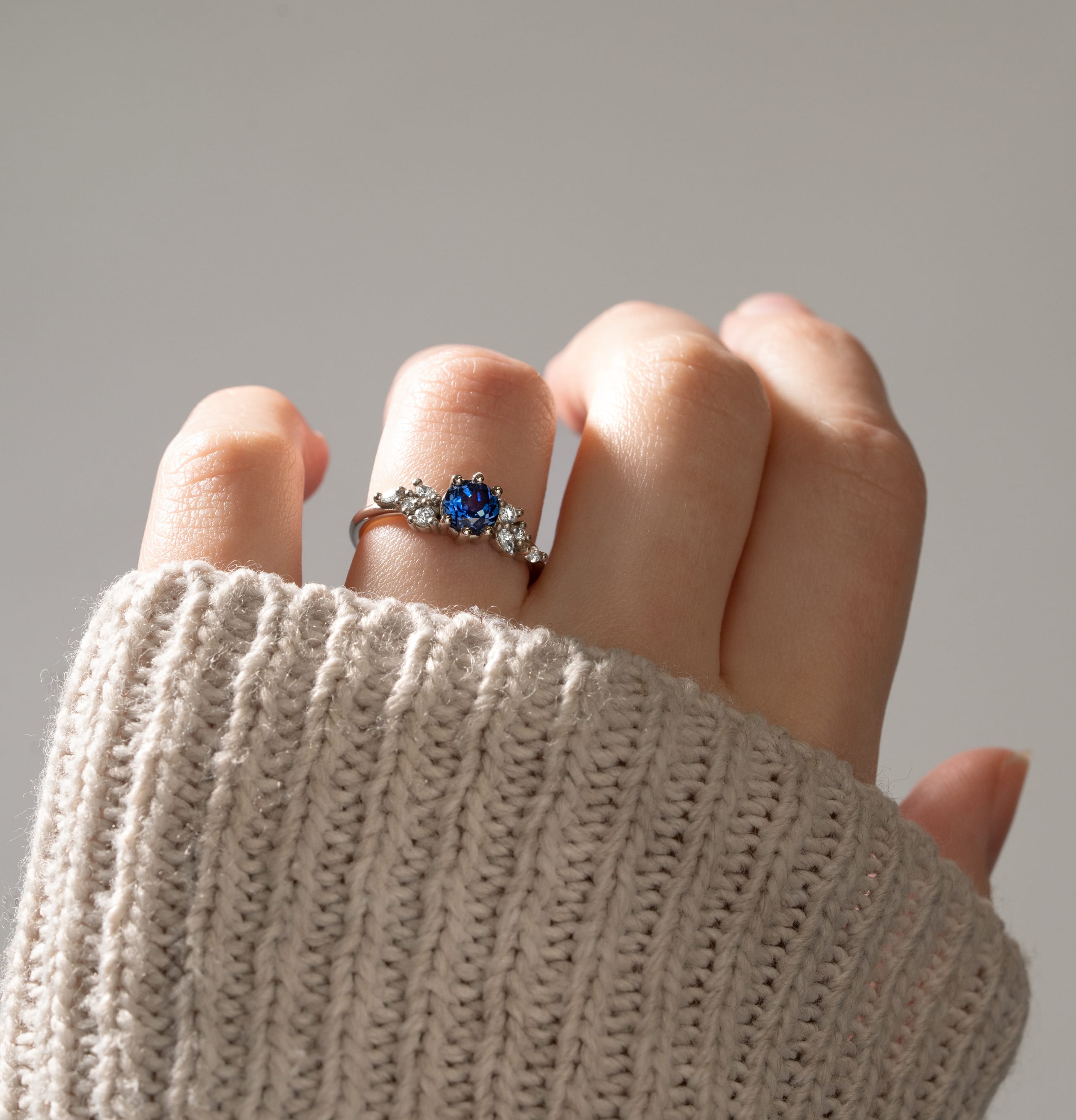 Lab grown blue sapphire and diamond floral ring — 4