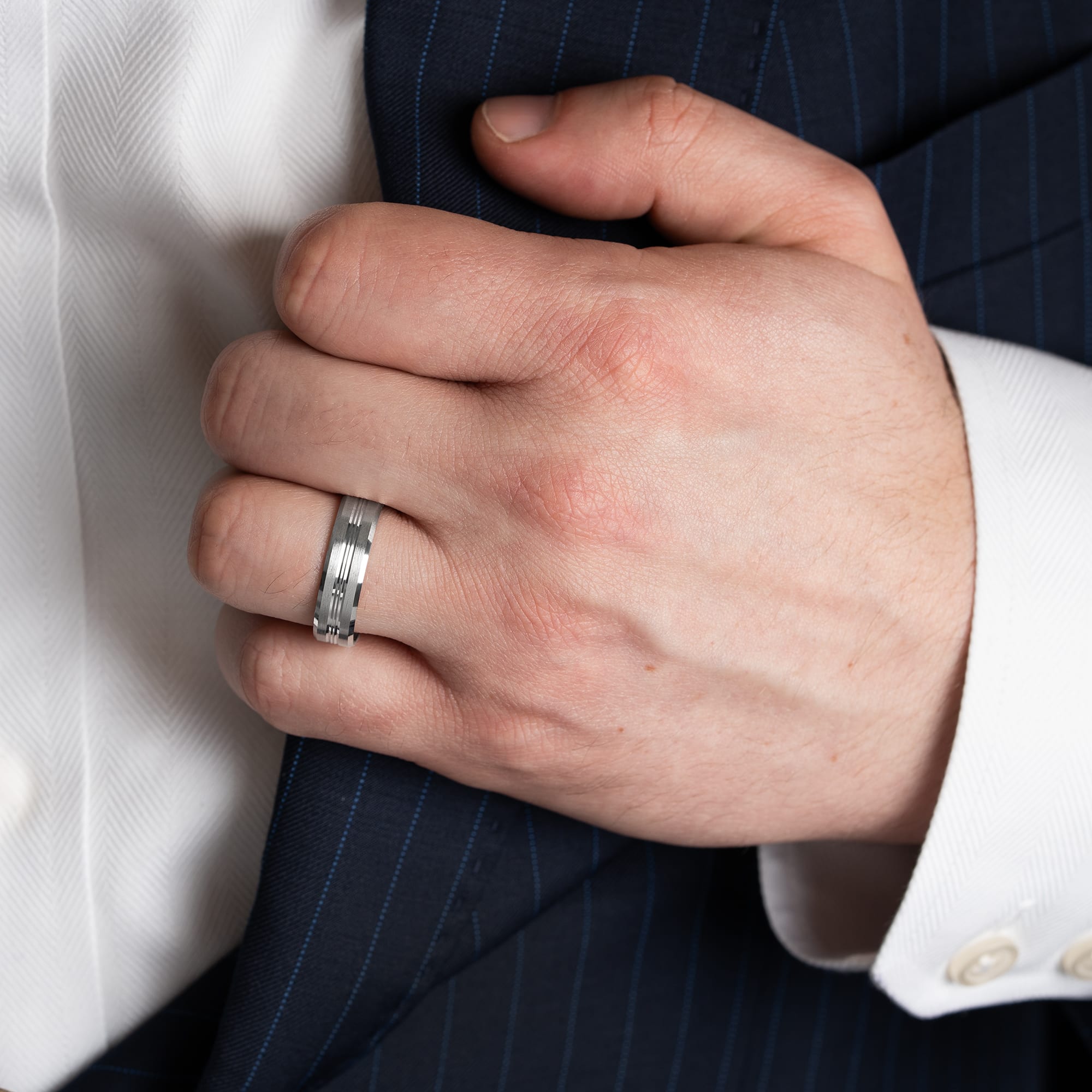 Diamond cut railroad wedding band — 1