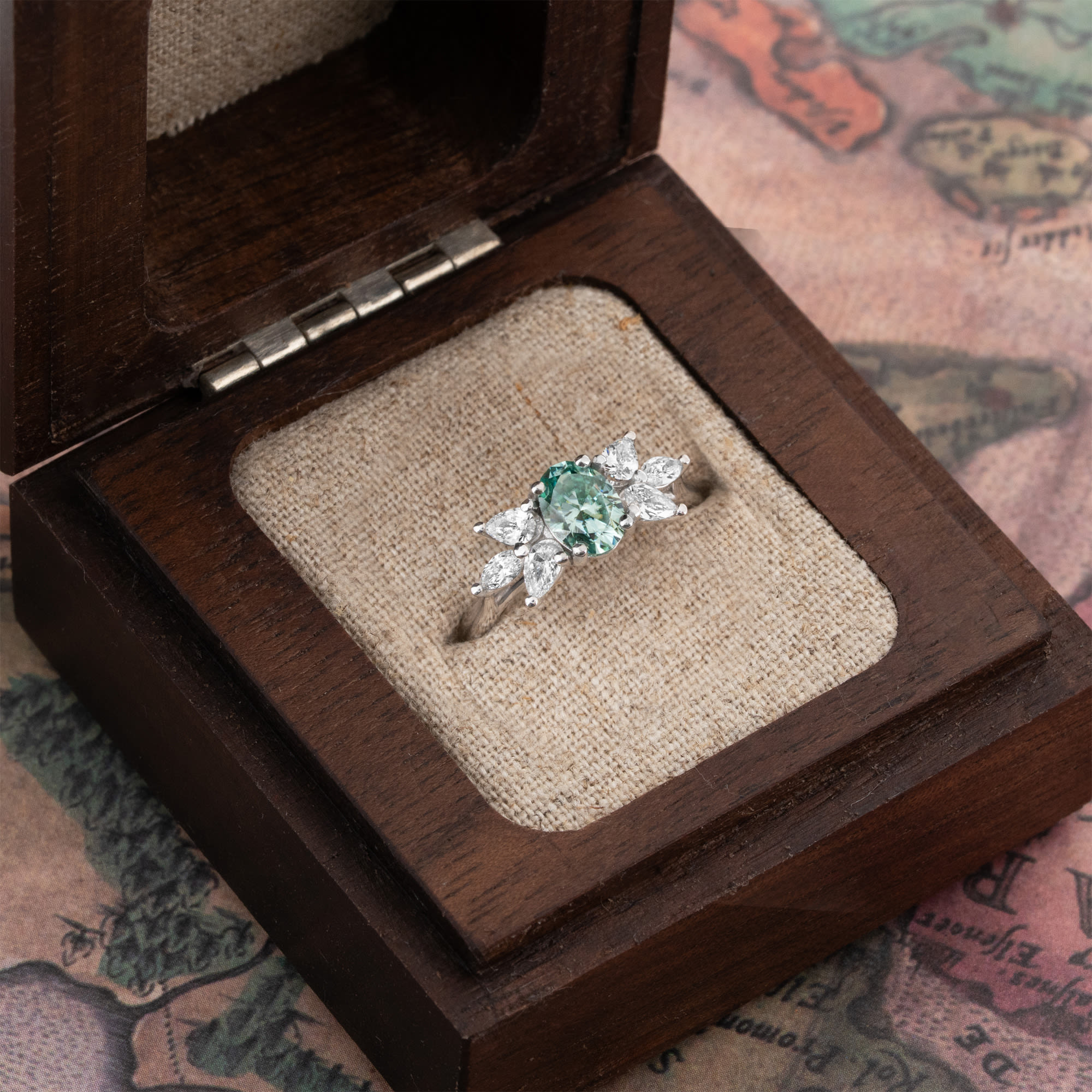 Light green moissanite and diamond floral ring - alternate view
