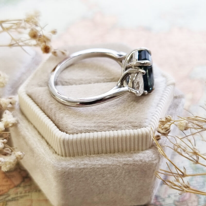 Emerald cut parti sapphire and half moon lab grown diamond ring — 3