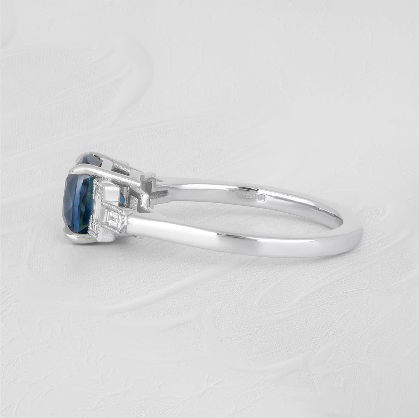 Cushion teal sapphire and baguette diamond ring — 3